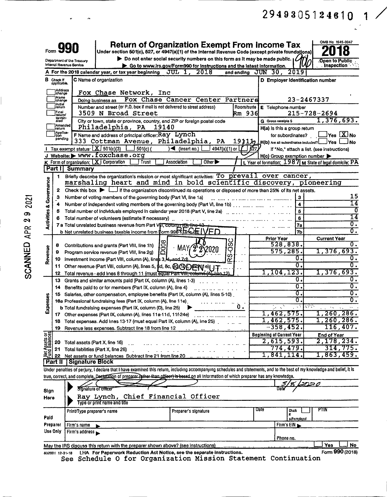 Image of first page of 2018 Form 990 for Fox Chase Cancer Center Partners