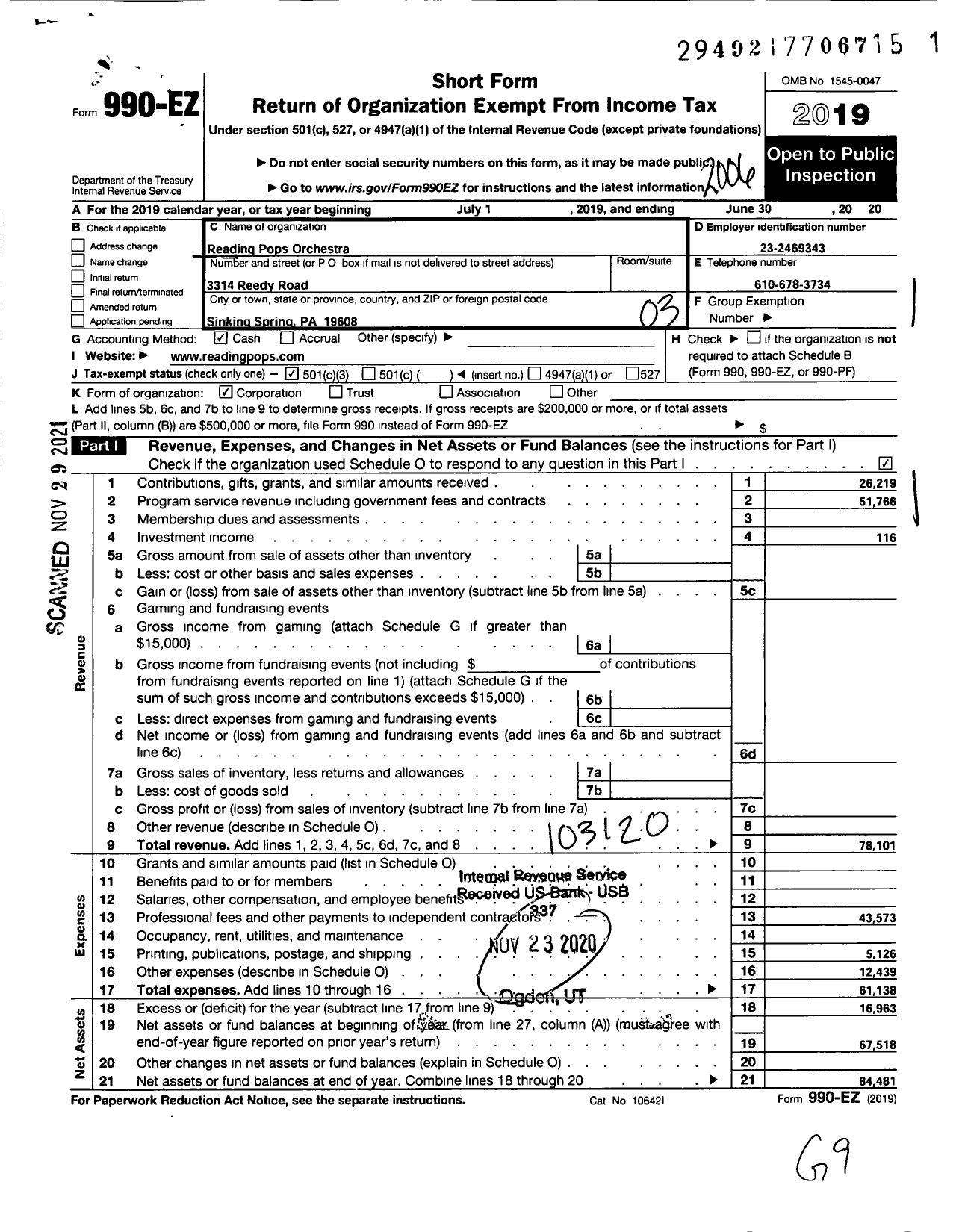 Image of first page of 2019 Form 990EZ for Reading Pops Orchestra