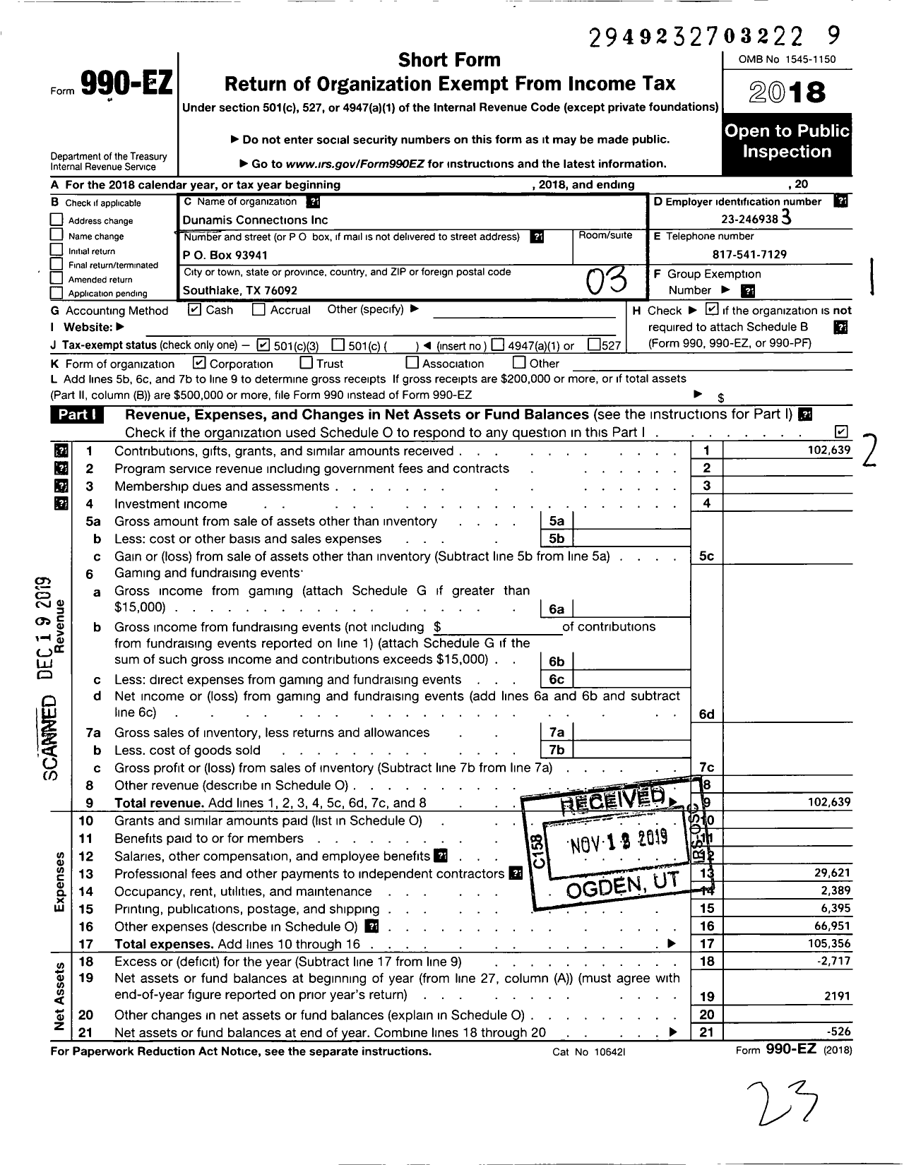 Image of first page of 2018 Form 990EZ for Dunamis Connections