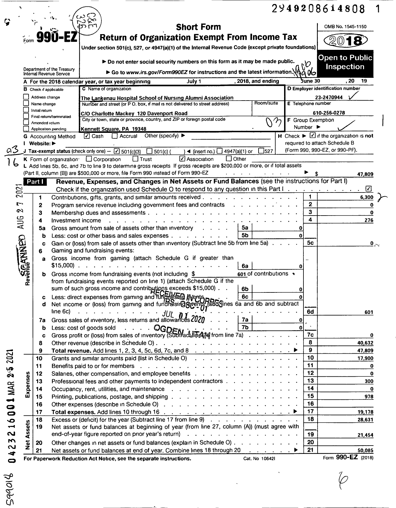 Image of first page of 2018 Form 990EZ for The Lankenau Hospital School of Nursing Alumni Association