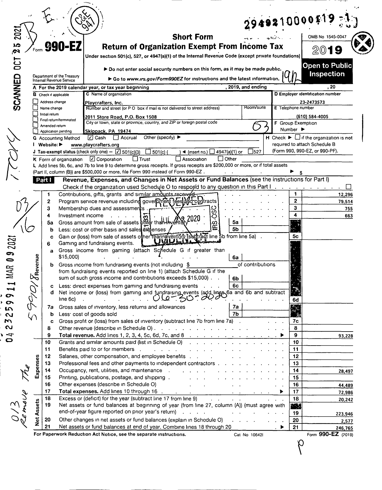 Image of first page of 2019 Form 990EZ for The Playcrafters Incorporated