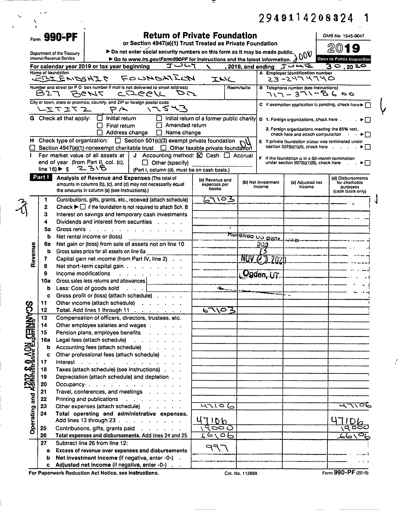 Image of first page of 2019 Form 990PF for Friendship Foundation