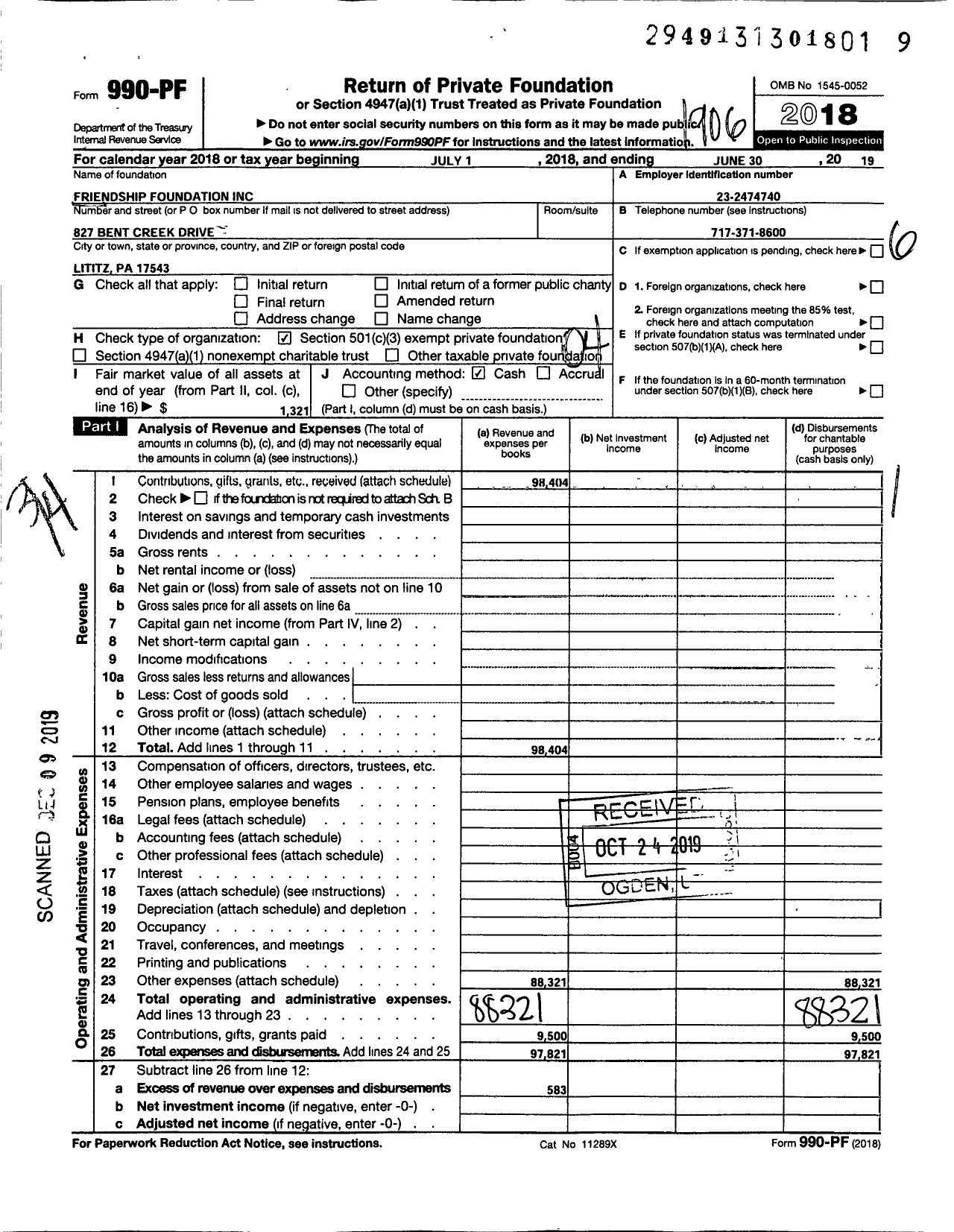 Image of first page of 2018 Form 990PF for Friendship Foundation