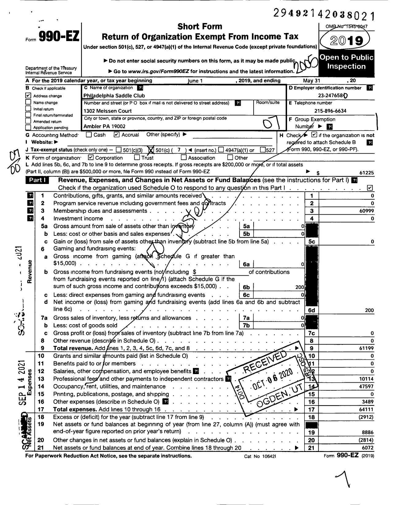 Image of first page of 2019 Form 990EO for Philadelphia Saddle Club