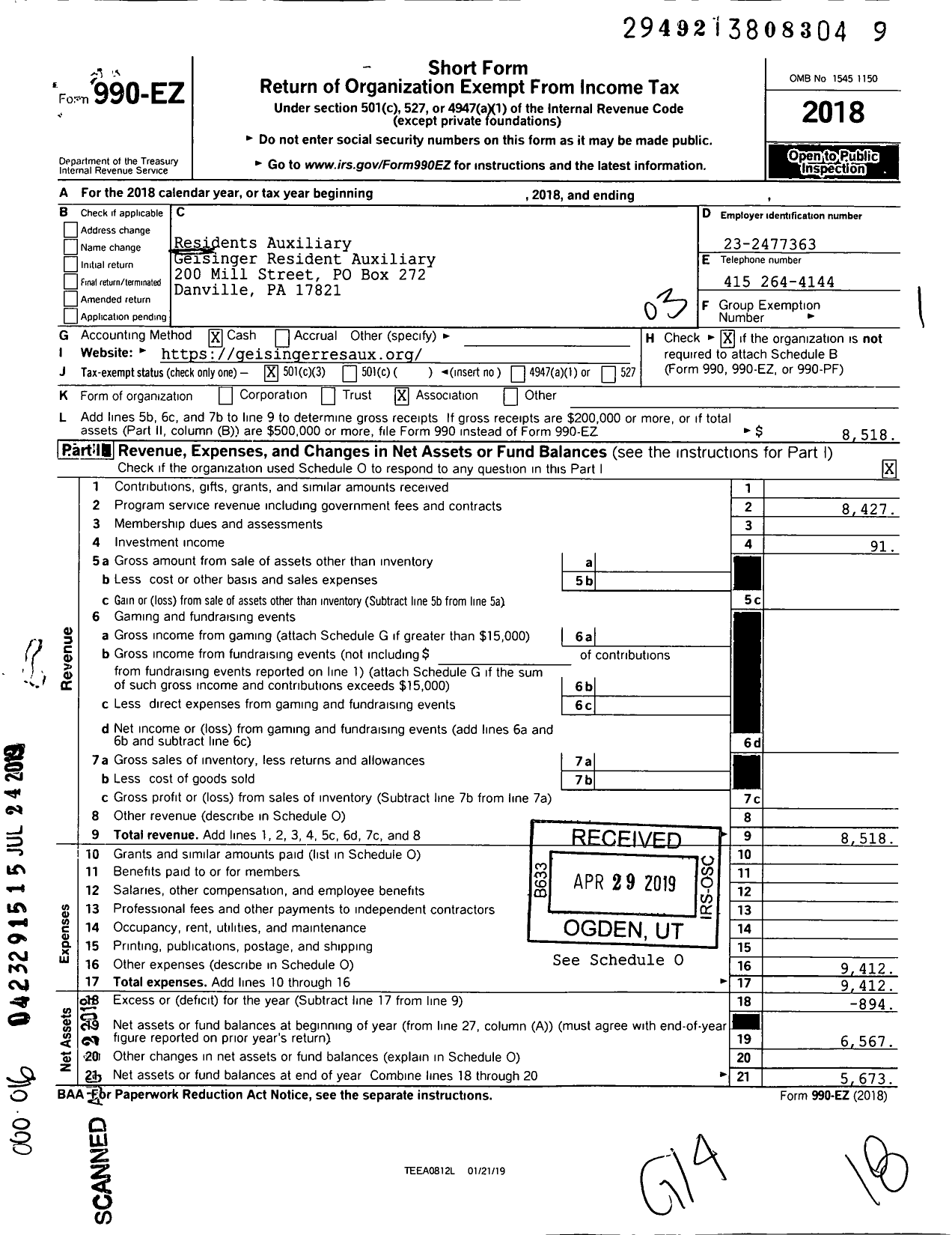 Image of first page of 2018 Form 990EZ for Residents Auxiliary