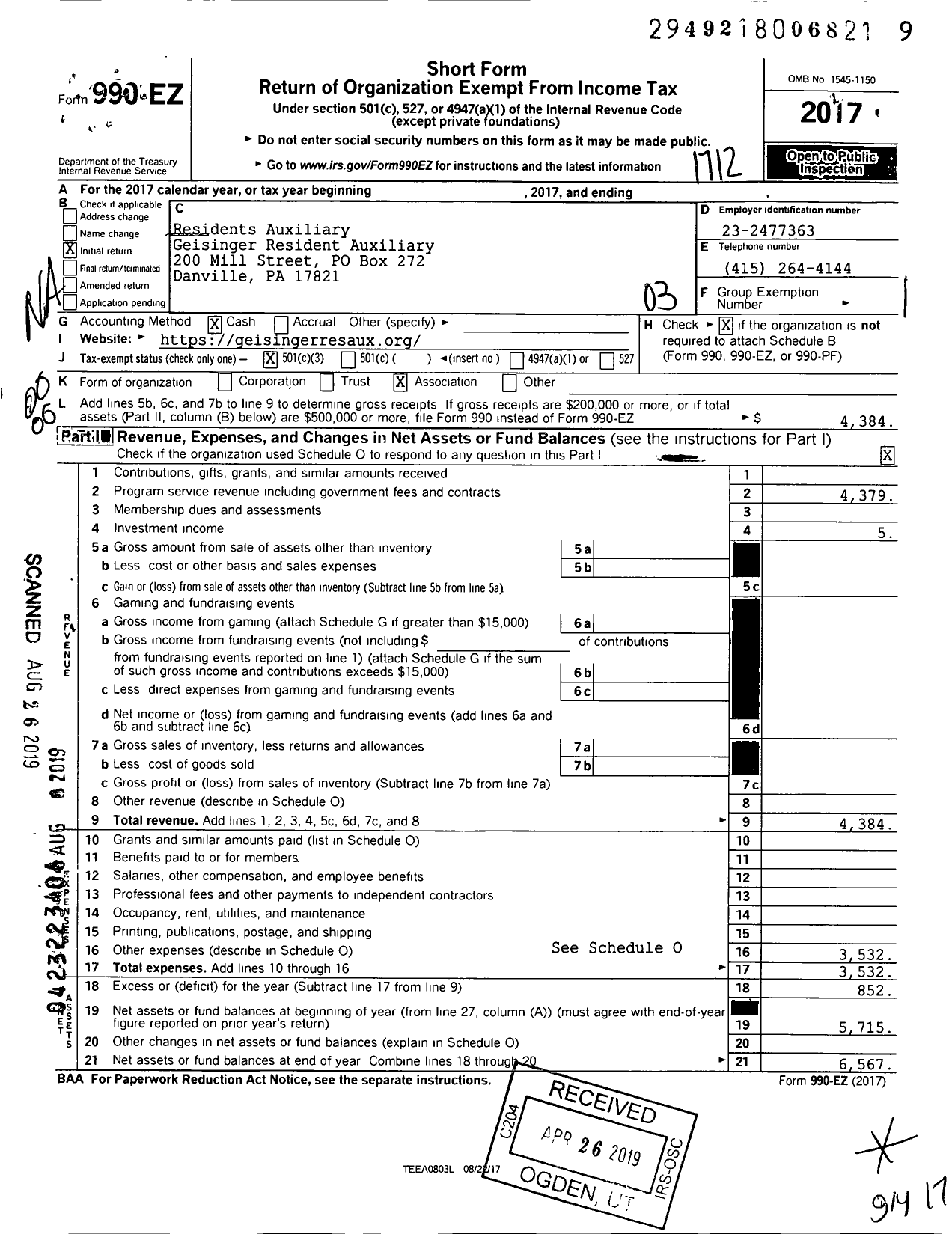 Image of first page of 2017 Form 990EO for Residents Auxiliary