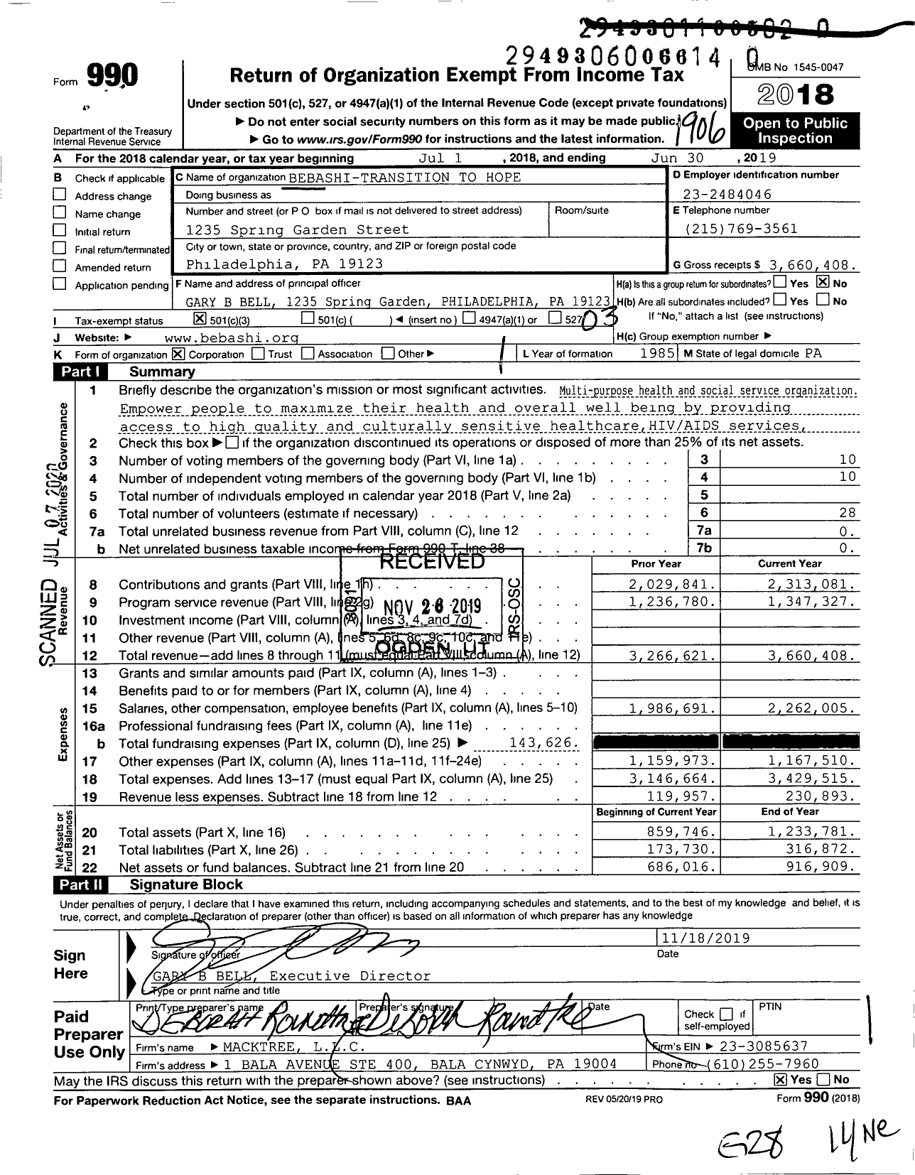 Image of first page of 2018 Form 990 for Bebashi Transition To Hope