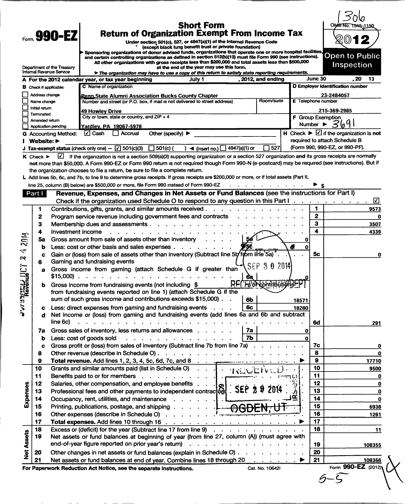 Image of first page of 2012 Form 990EZ for Penn State Alumni Association / Bucks County Chapter