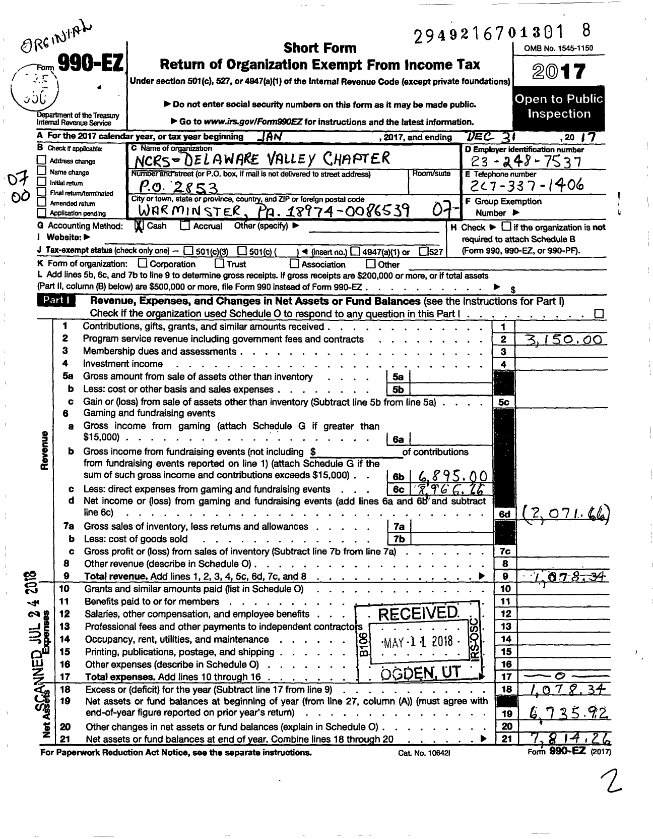 Image of first page of 2017 Form 990EO for National Corvette Restorers Society Delaware Valley Chapter