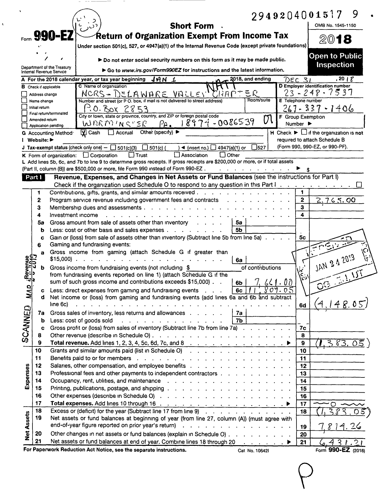 Image of first page of 2018 Form 990EO for National Corvette Restorers Society Delaware Valley Chapter