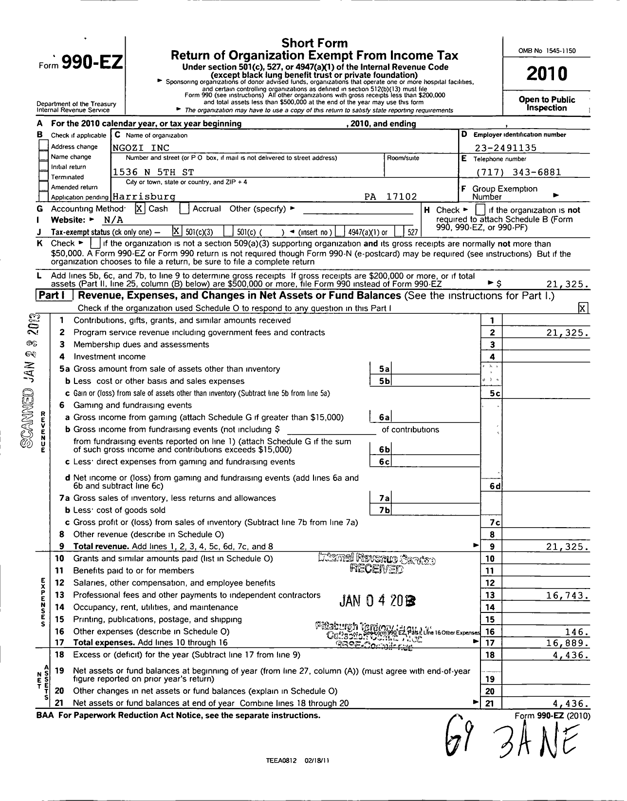 Image of first page of 2010 Form 990EZ for Ngozi