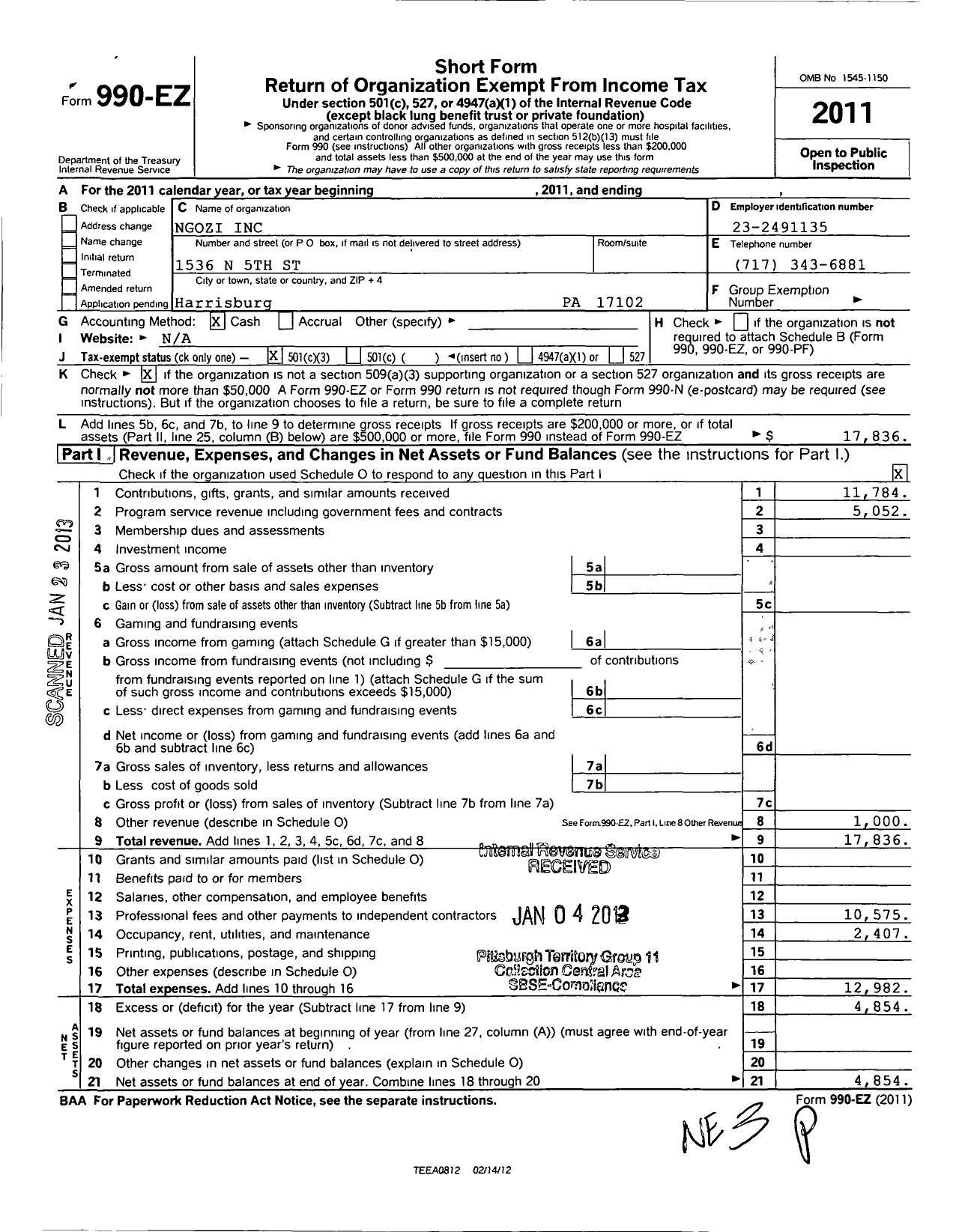 Image of first page of 2011 Form 990EZ for Ngozi