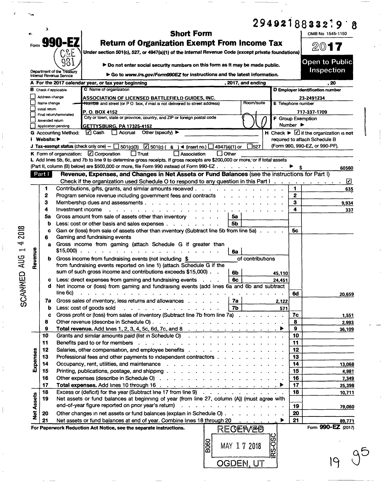 Image of first page of 2017 Form 990EO for The Association of Licensed Battlefield Guides