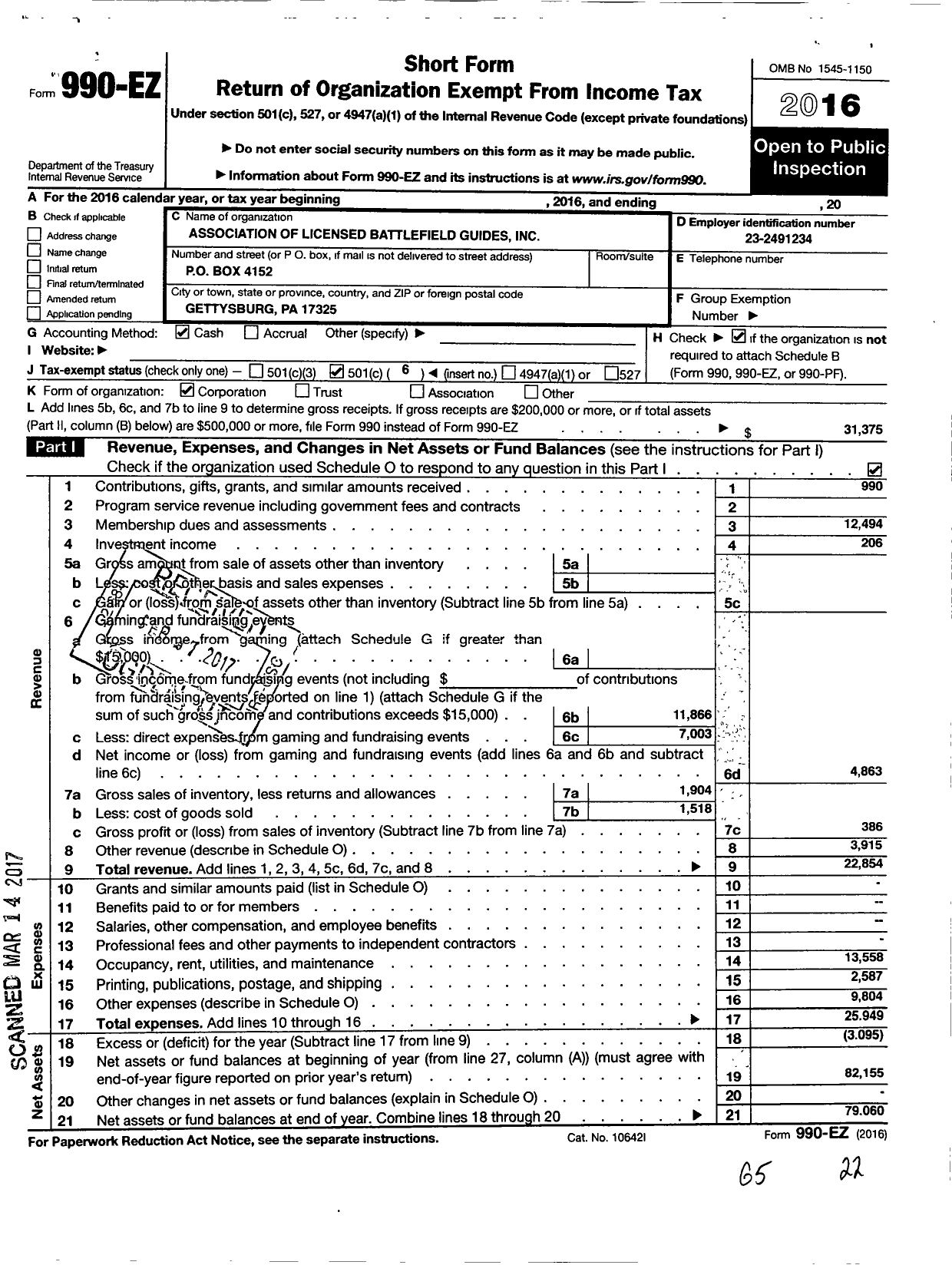 Image of first page of 2016 Form 990EO for The Association of Licensed Battlefield Guides