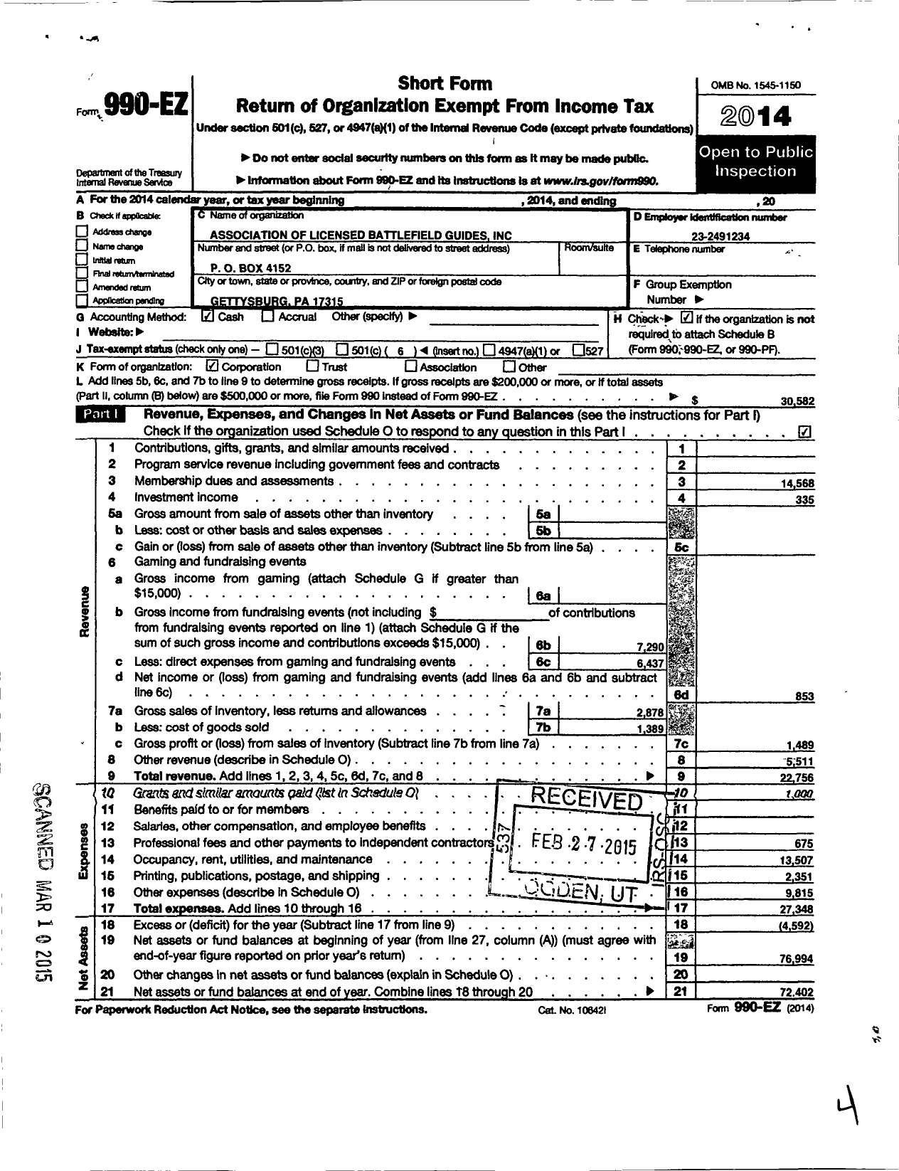 Image of first page of 2014 Form 990EO for The Association of Licensed Battlefield Guides