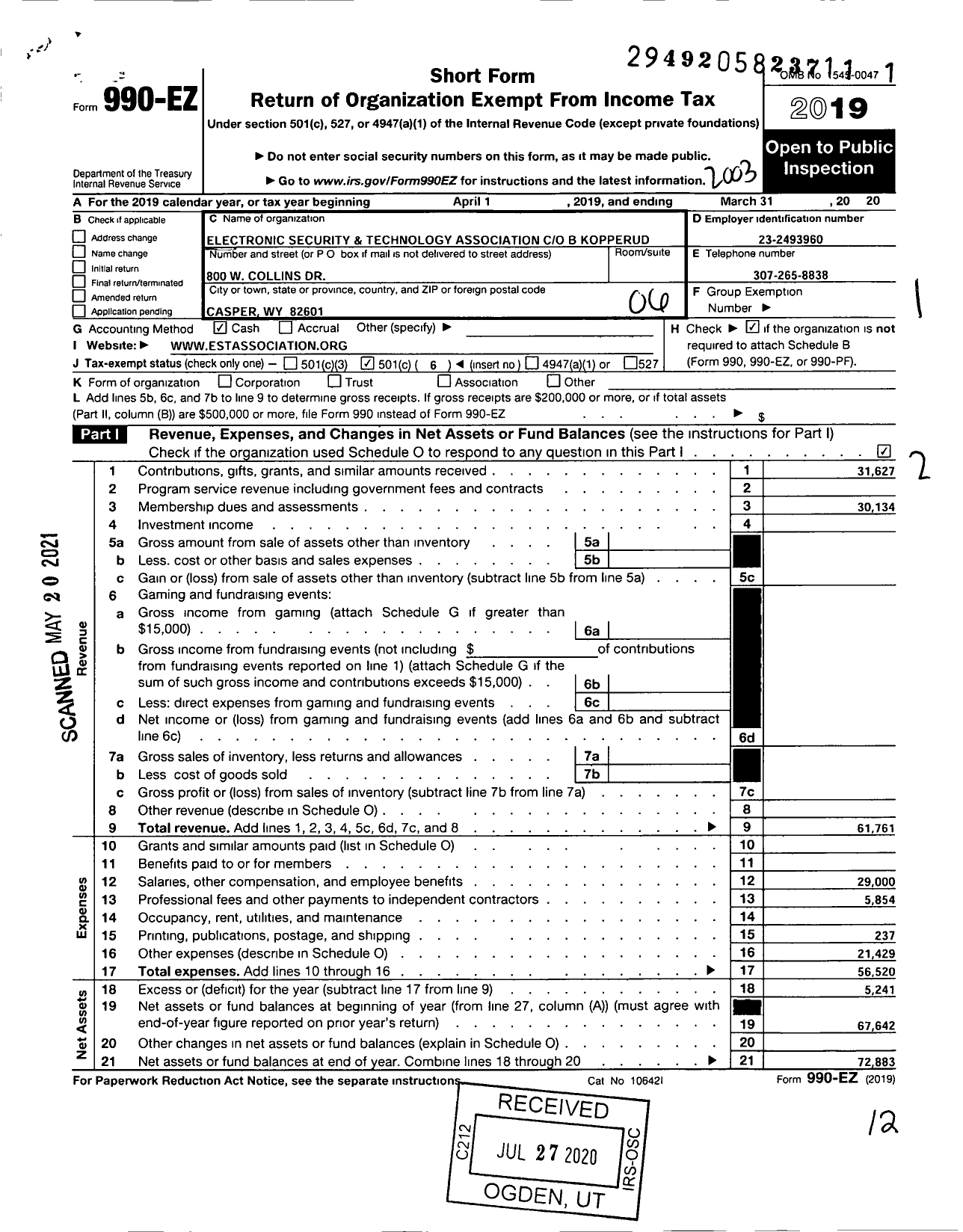 Image of first page of 2019 Form 990EO for Electronic Security and Technology Association