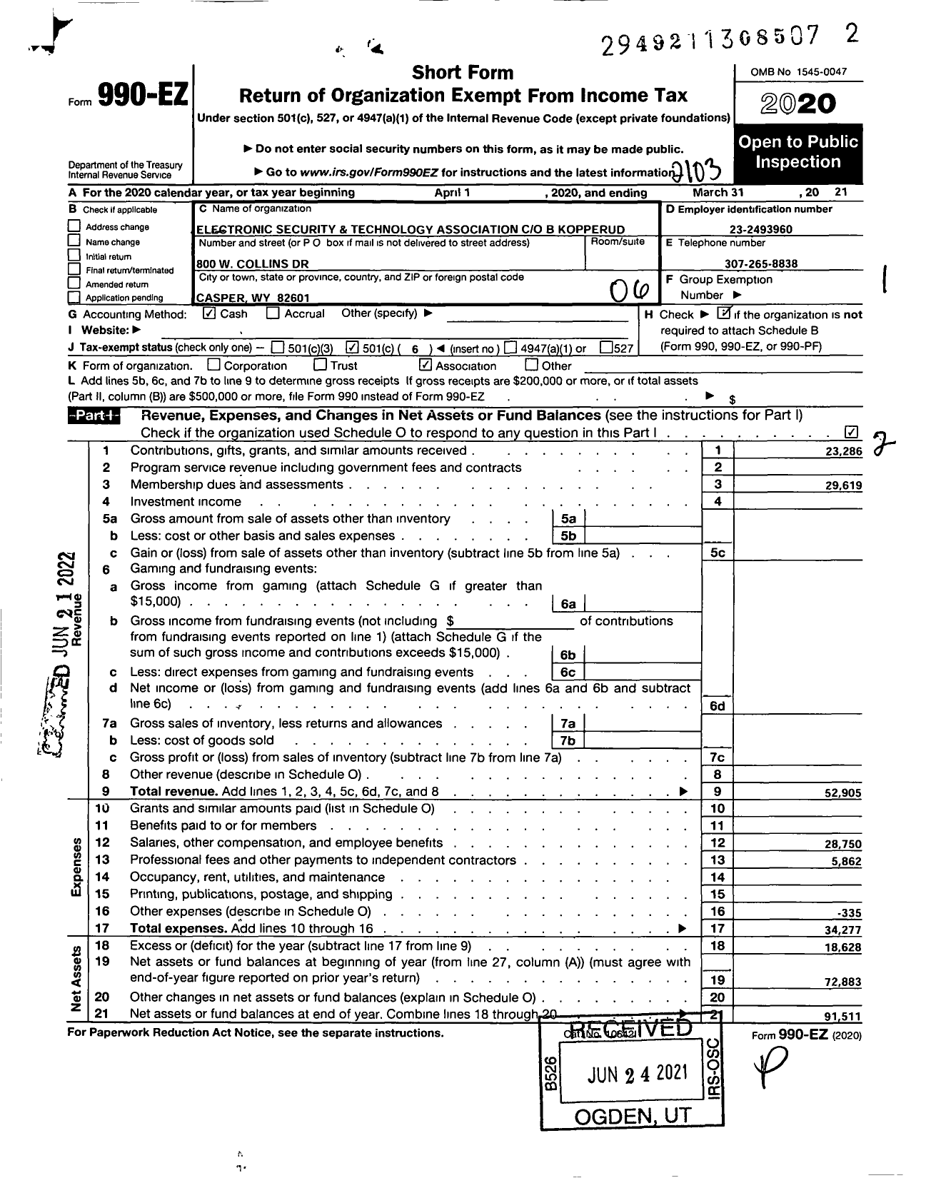 Image of first page of 2020 Form 990EO for Electronic Security and Technology Association