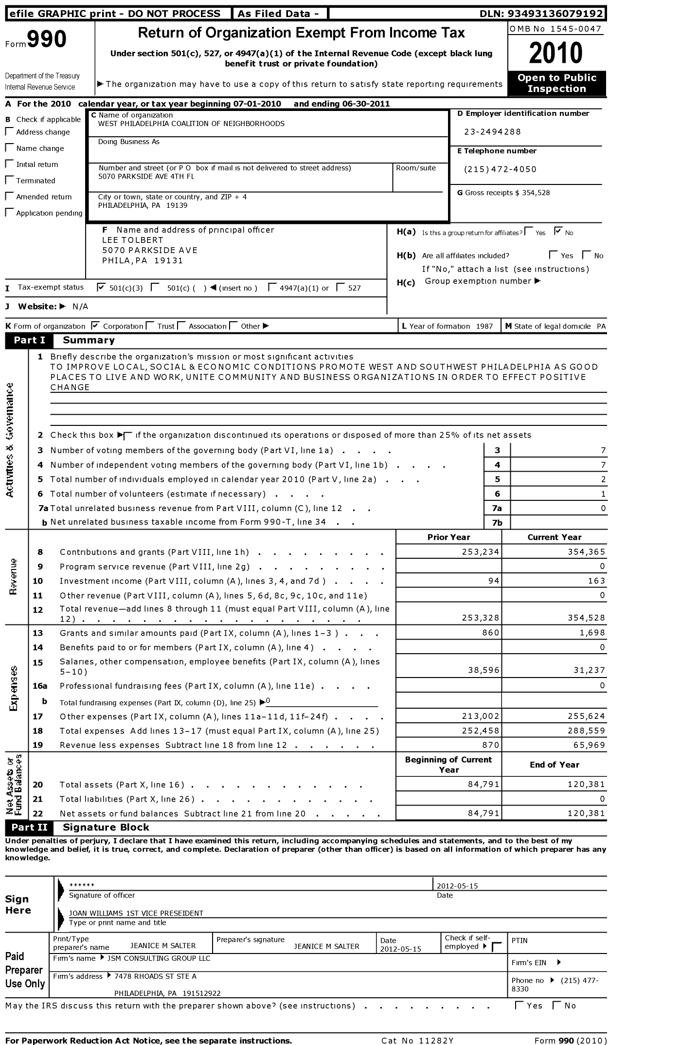 Image of first page of 2010 Form 990 for West Philadelphia Coalition of Neighborhoods