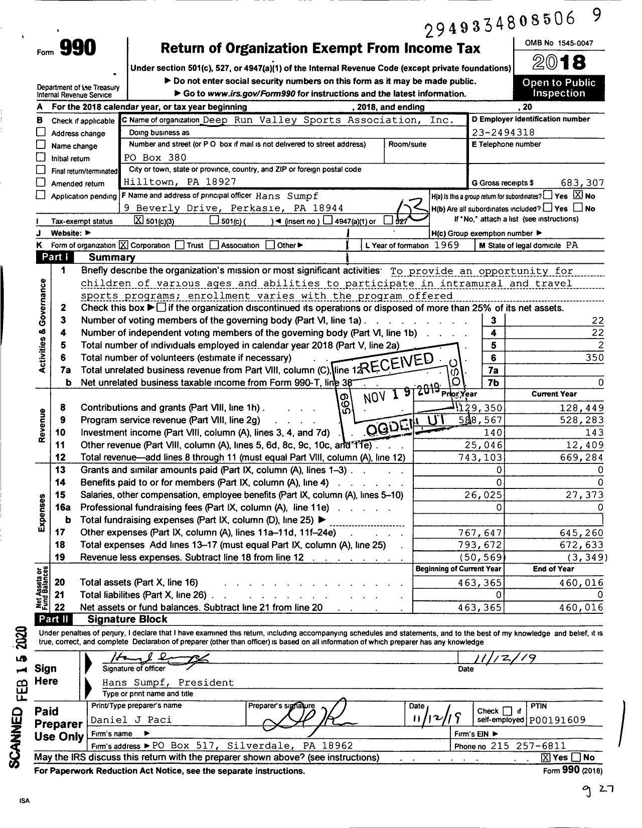 Image of first page of 2018 Form 990 for Deep Run Valley Sports Association