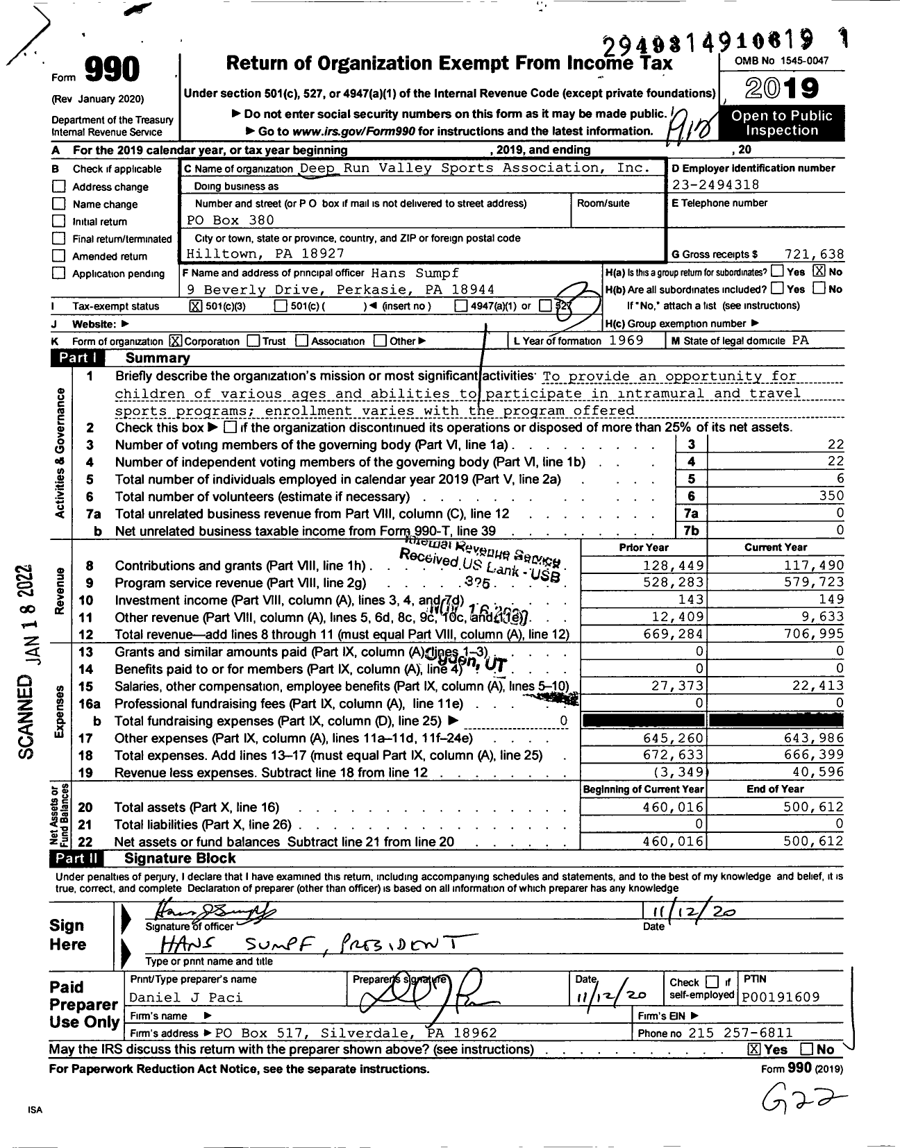 Image of first page of 2019 Form 990 for Deep Run Valley Sports Association