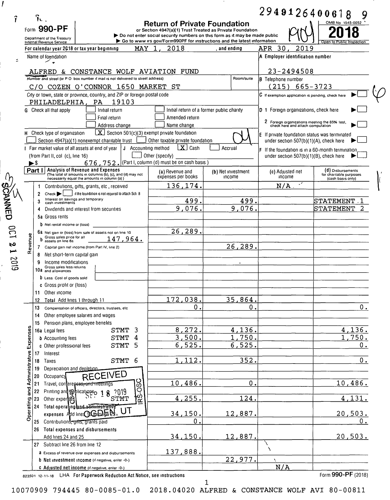 Image of first page of 2018 Form 990PF for Alfred and Constance Wolf Aviation Fund