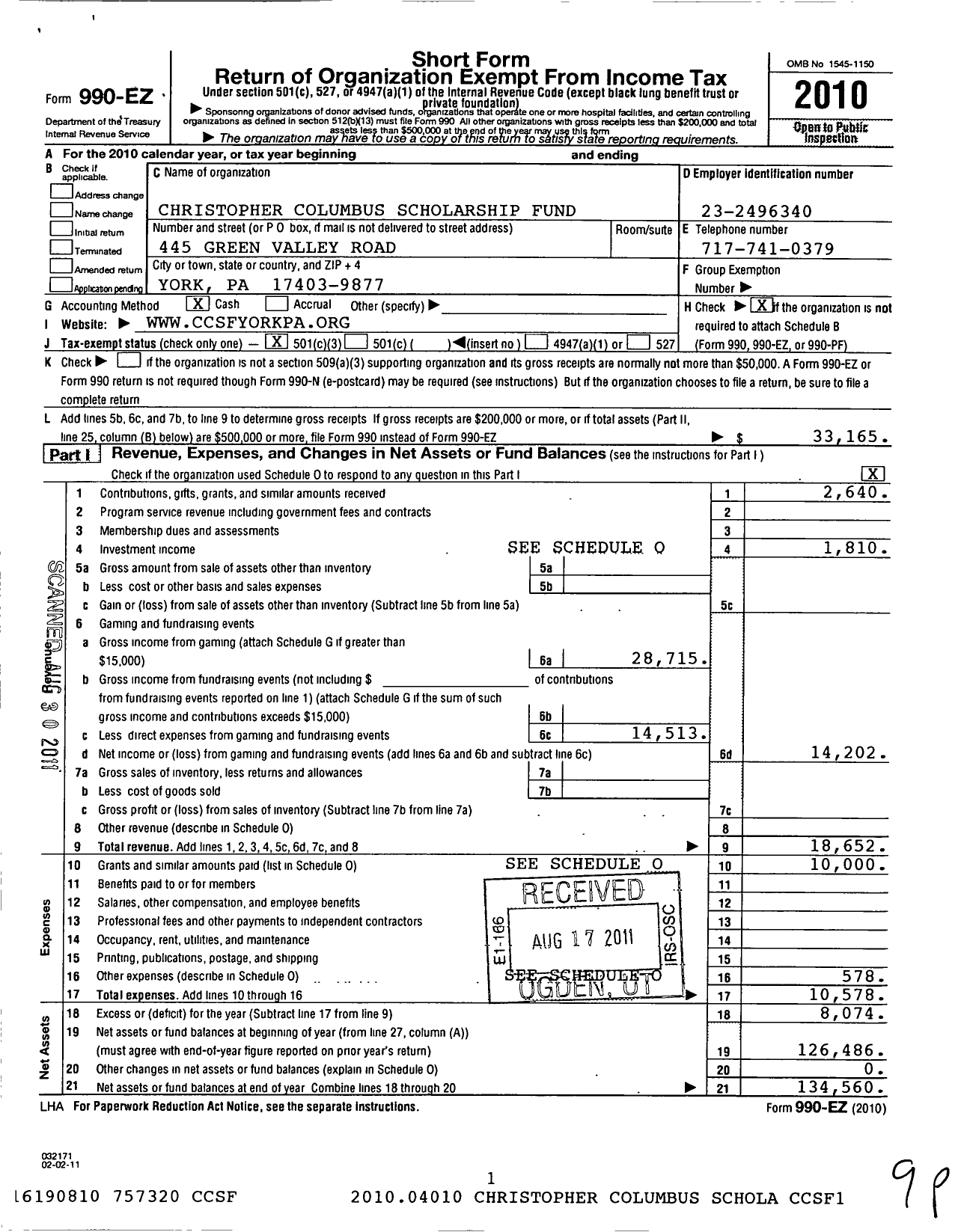 Image of first page of 2010 Form 990EZ for Christopher Columbus Scholarship Fund