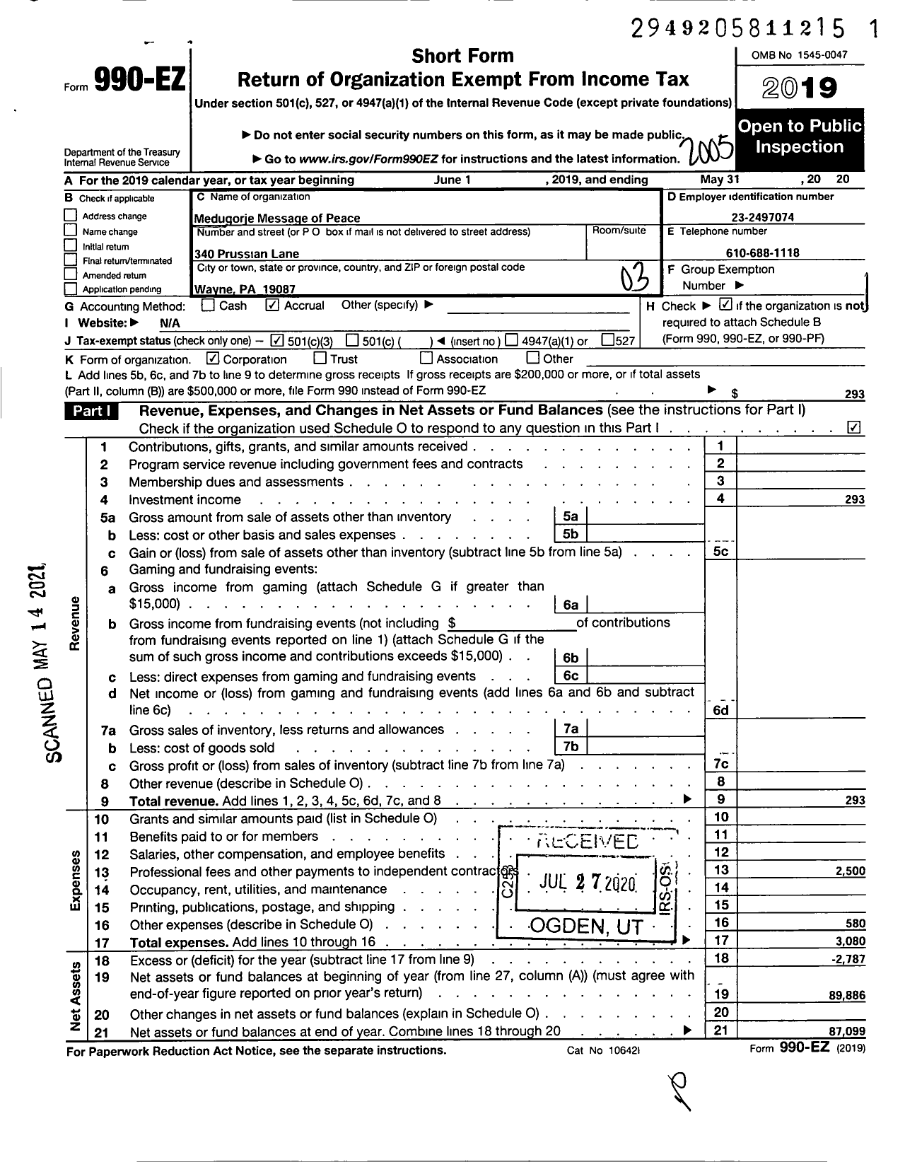 Image of first page of 2019 Form 990EZ for Medugorje Message of Peace