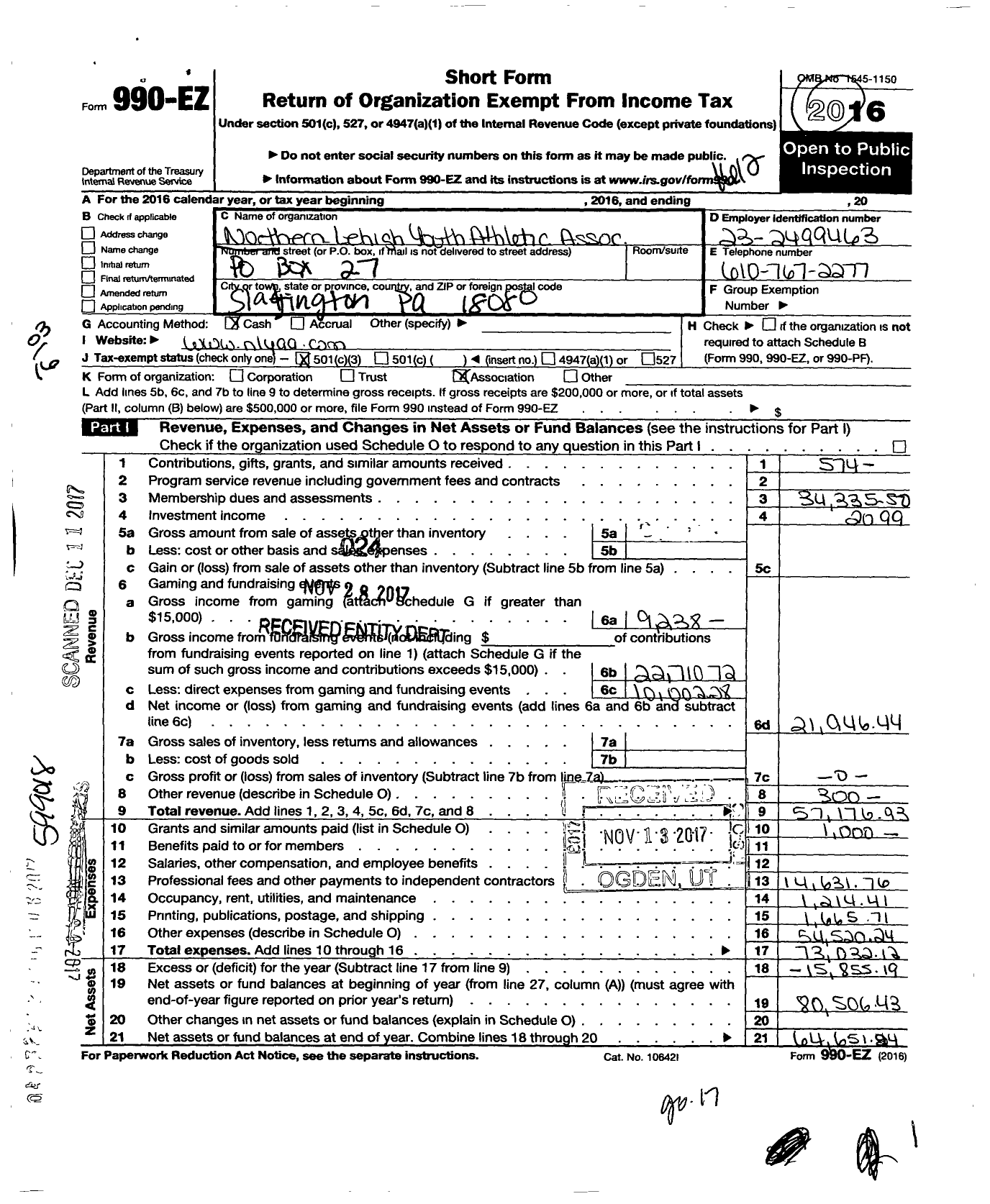 Image of first page of 2016 Form 990EZ for Northern Lehigh Athletic Association