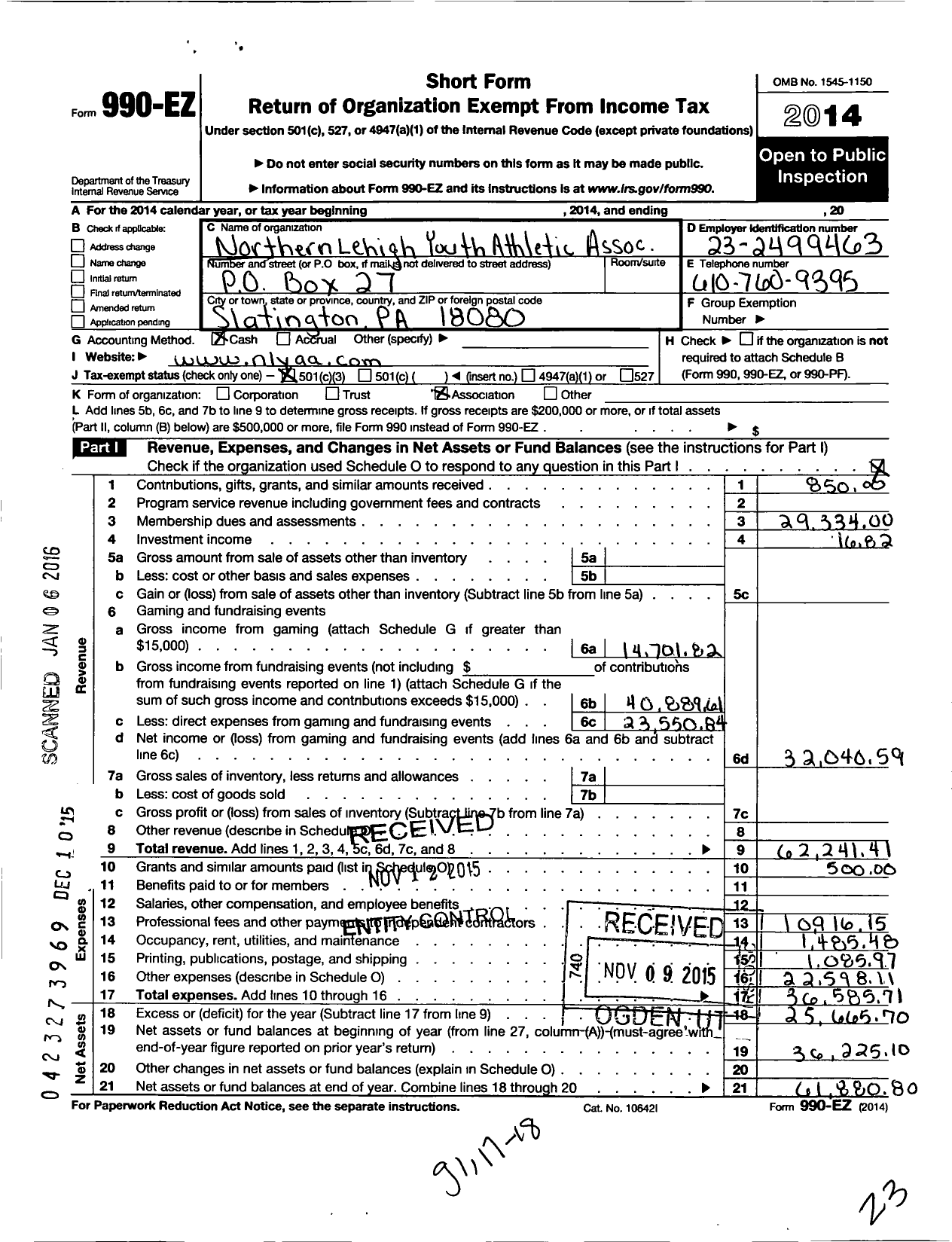 Image of first page of 2014 Form 990EZ for Northern Lehigh Athletic Association