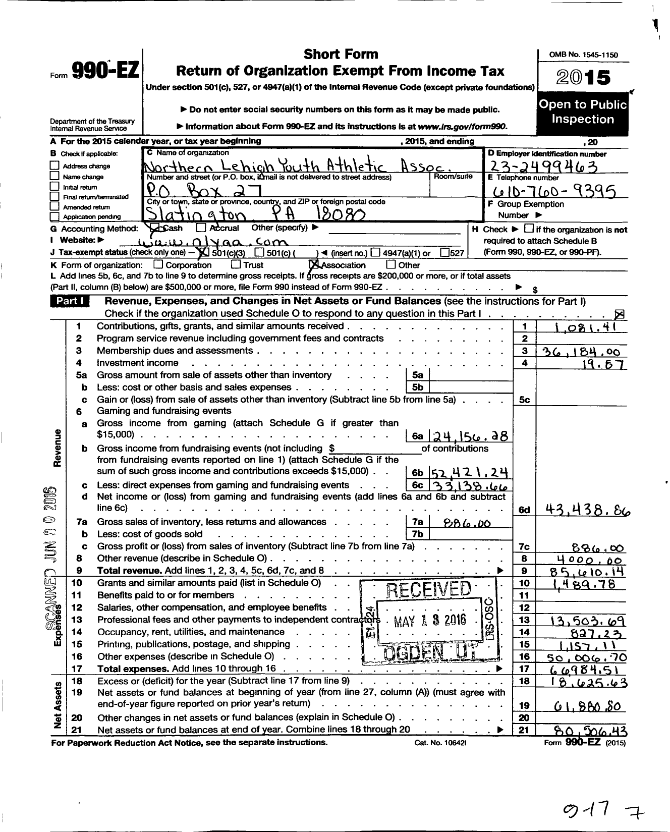 Image of first page of 2015 Form 990EZ for Northern Lehigh Athletic Association