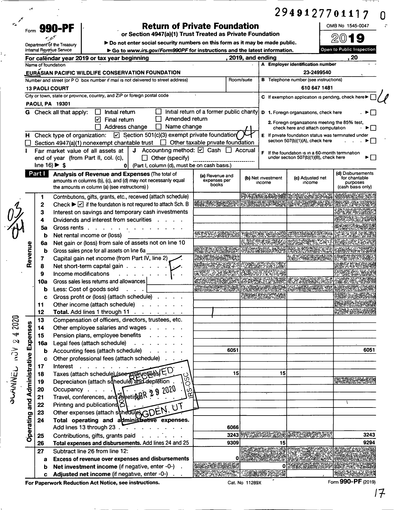 Image of first page of 2019 Form 990PF for Eurasian Pacific Wildlife Conservation Foundation