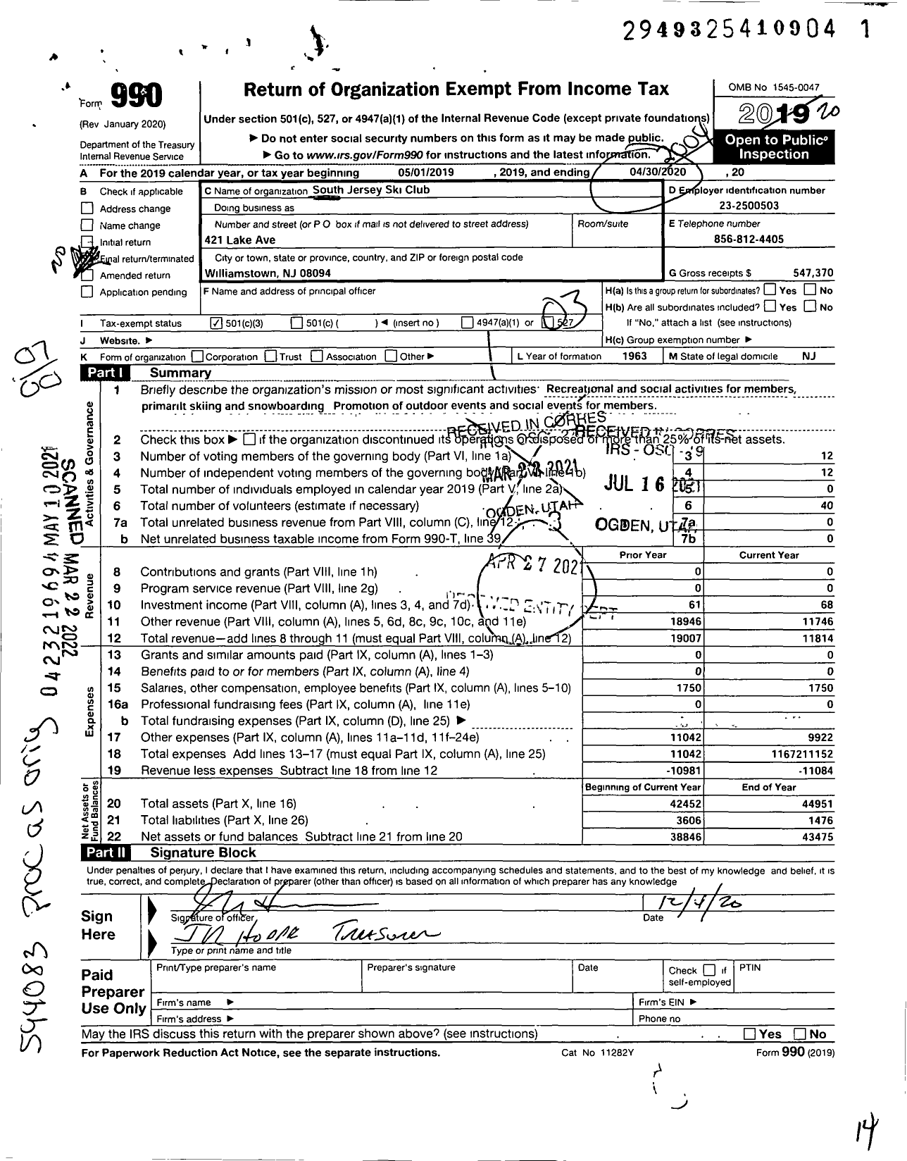 Image of first page of 2019 Form 990O for South Jersey Ski Club