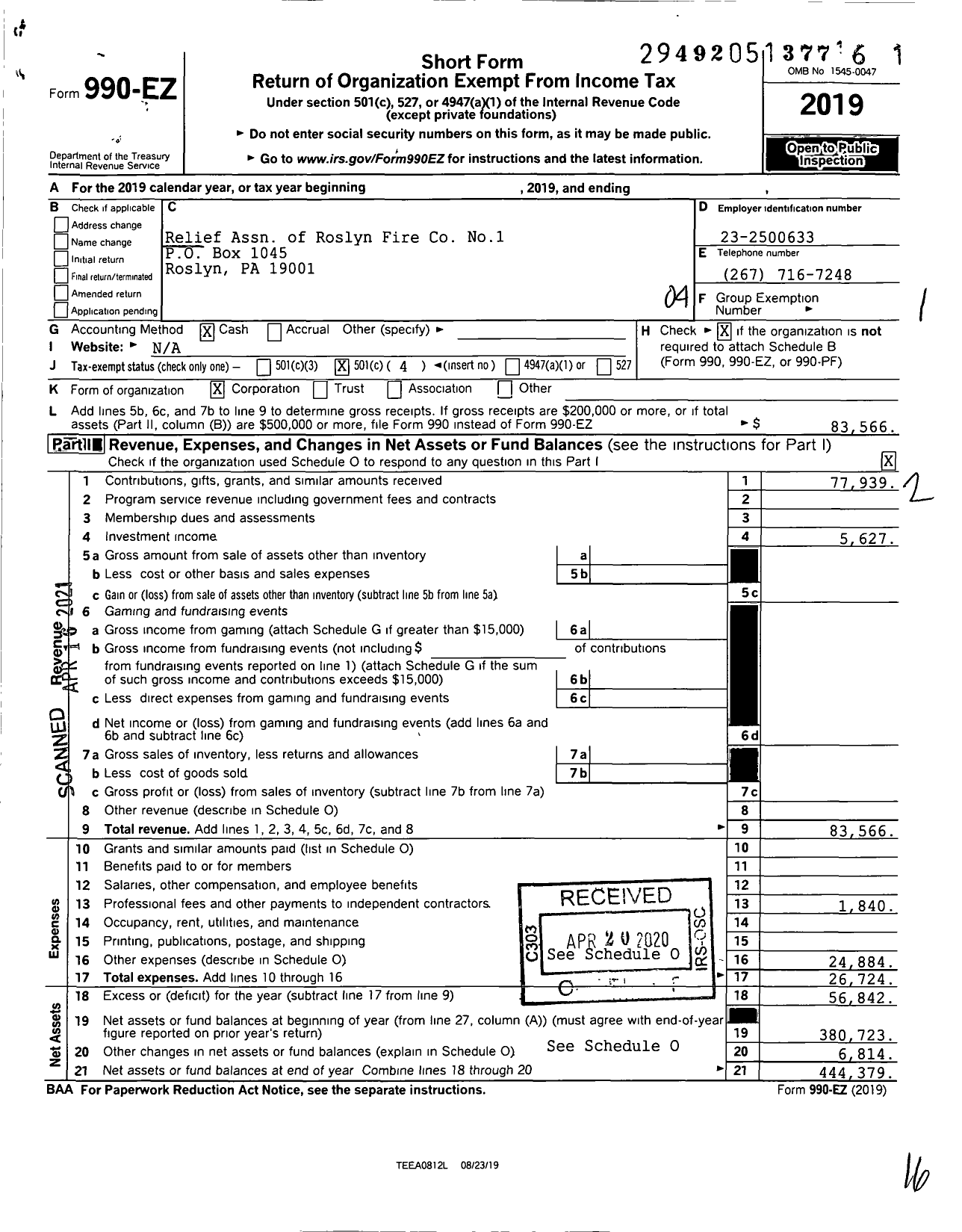 Image of first page of 2019 Form 990EO for Relief Assn of Roslyn Fire Co No1