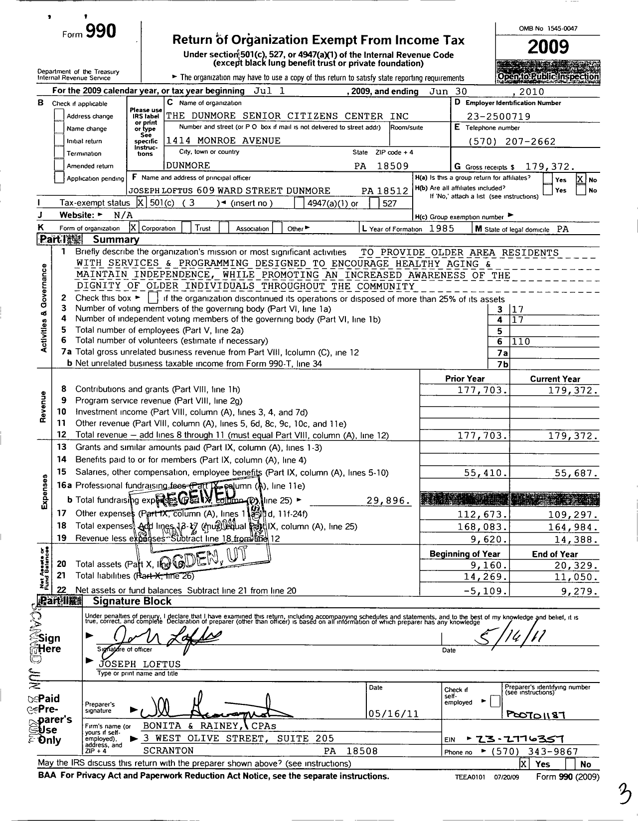 Image of first page of 2009 Form 990 for The Dunmore Senior Citizens Center