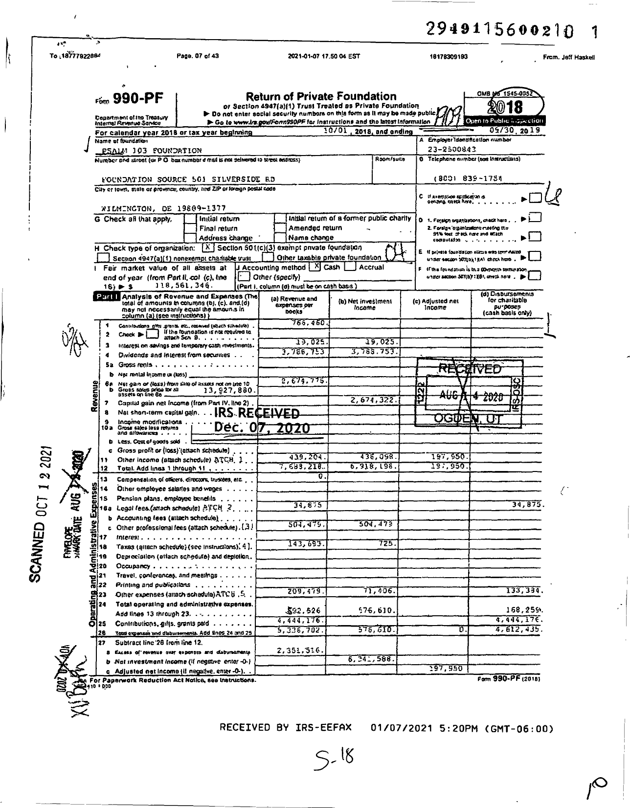 Image of first page of 2018 Form 990PF for Psalm 103 Foundation