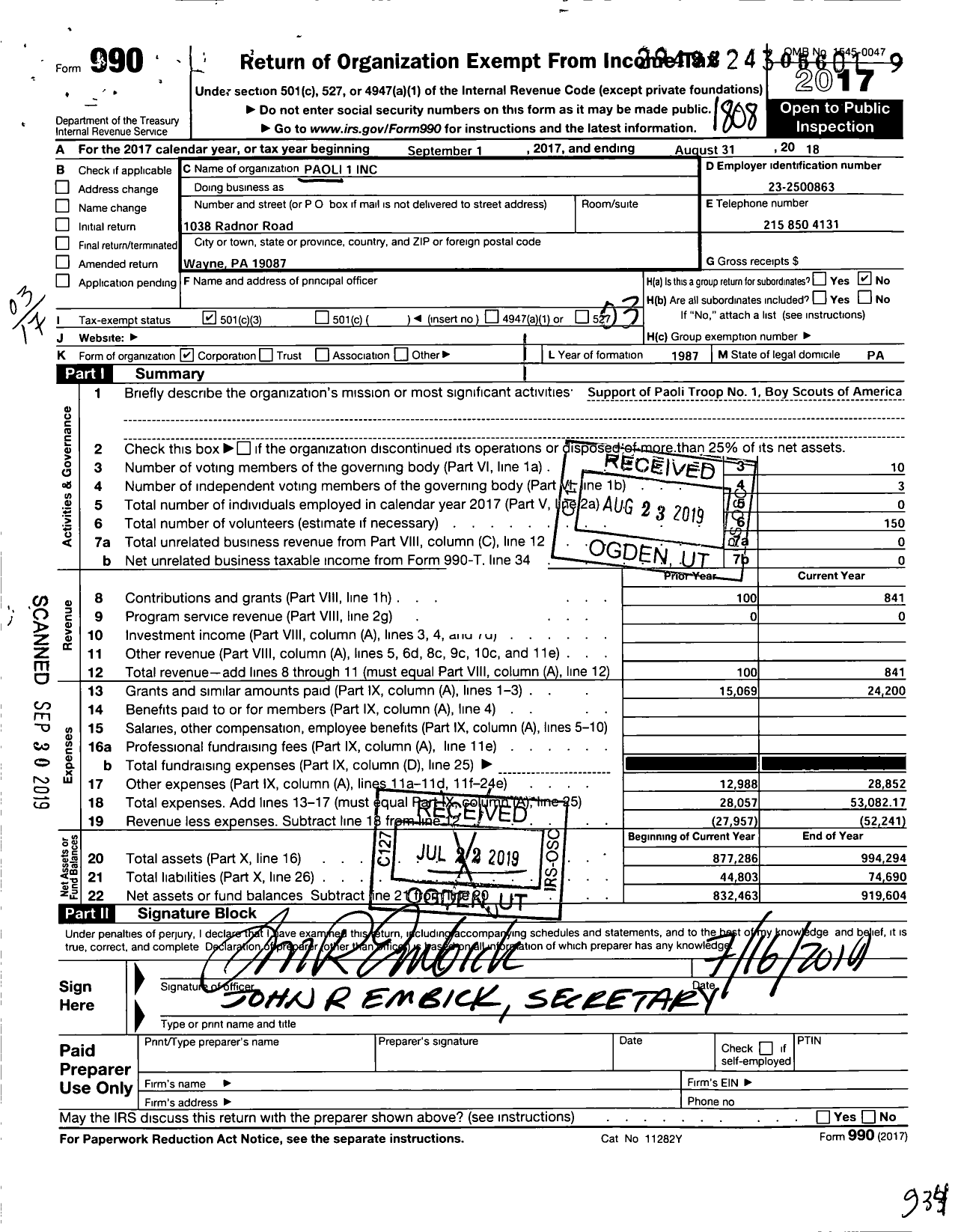 Image of first page of 2017 Form 990 for Paoli 1