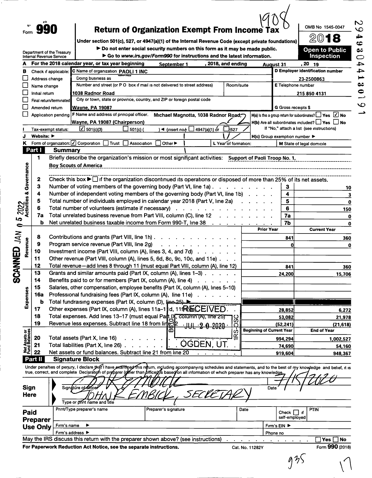 Image of first page of 2018 Form 990 for Paoli 1