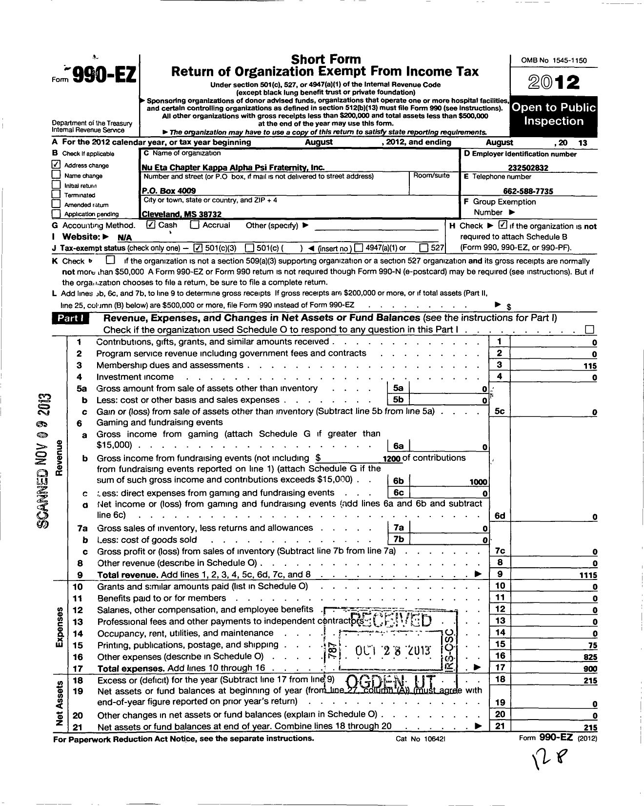 Image of first page of 2012 Form 990EZ for Kappa Alpha Psi Fraternity