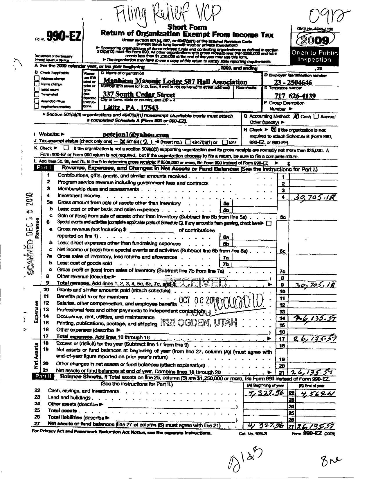 Image of first page of 2009 Form 990EO for Manheim Masonic Lodge 587 Hall Association