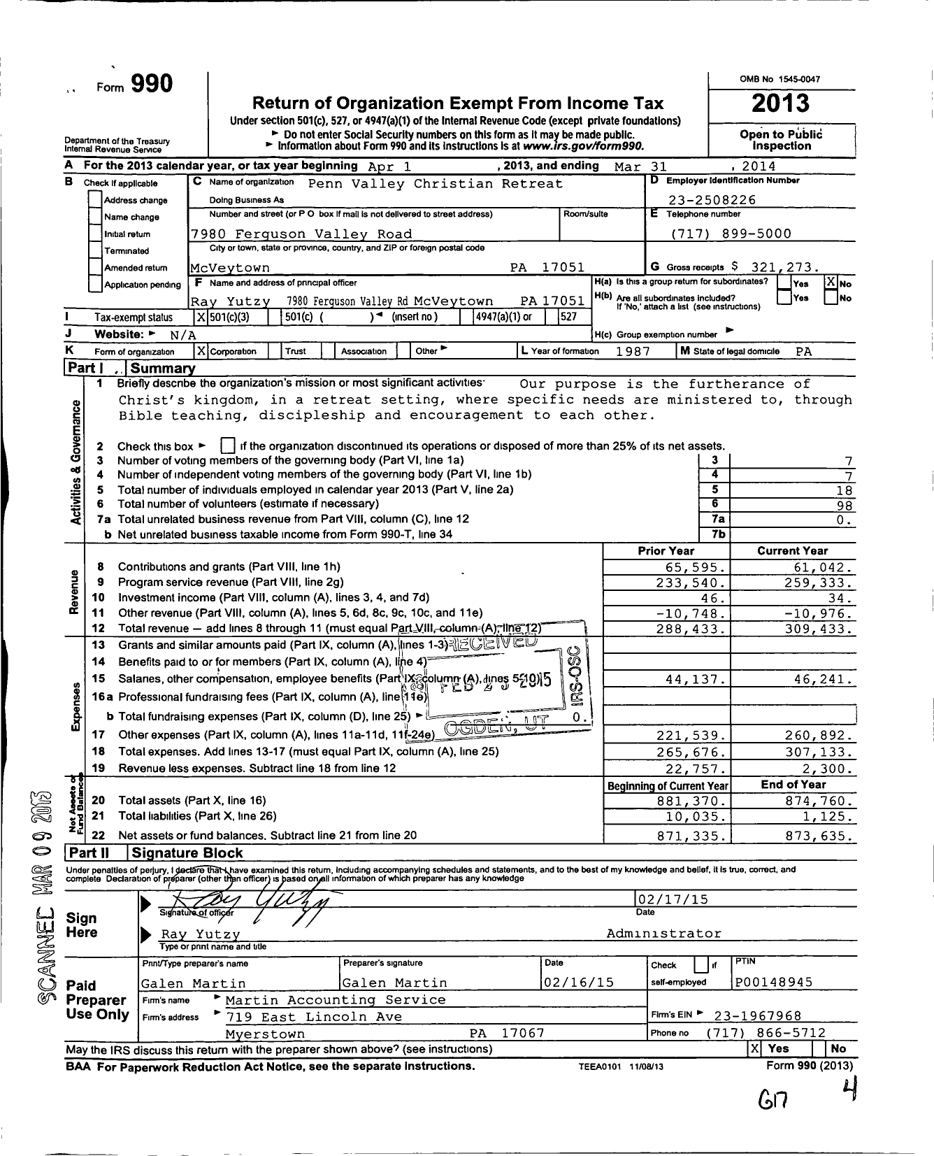 Image of first page of 2013 Form 990 for Penn Valley Christian Retreat