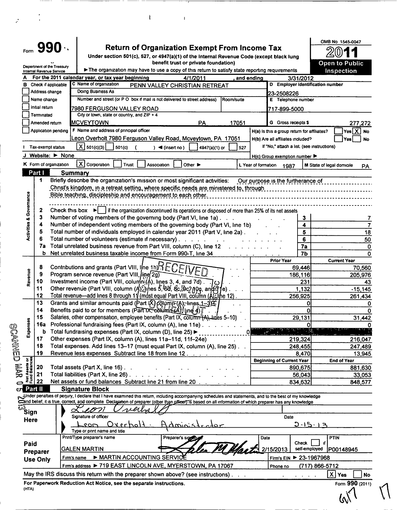 Image of first page of 2011 Form 990 for Penn Valley Christian Retreat