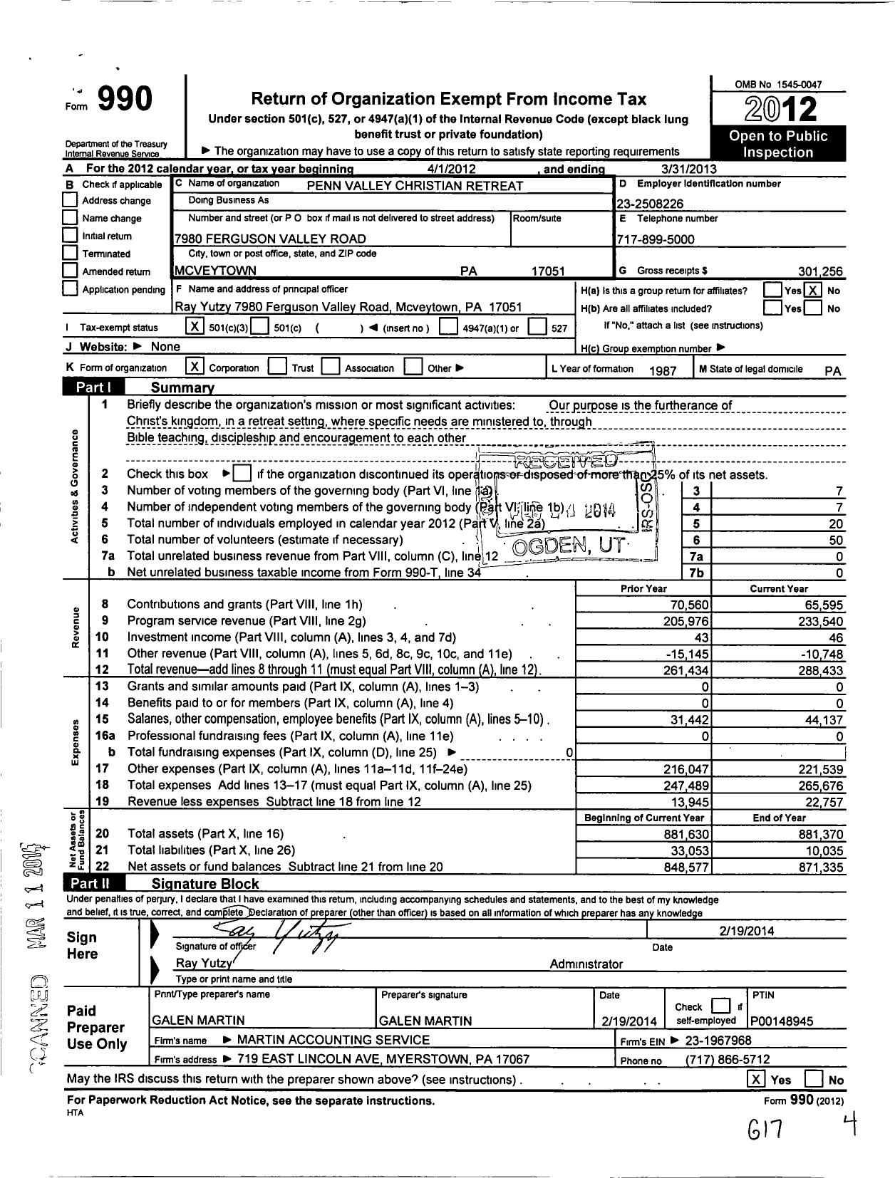 Image of first page of 2012 Form 990 for Penn Valley Christian Retreat