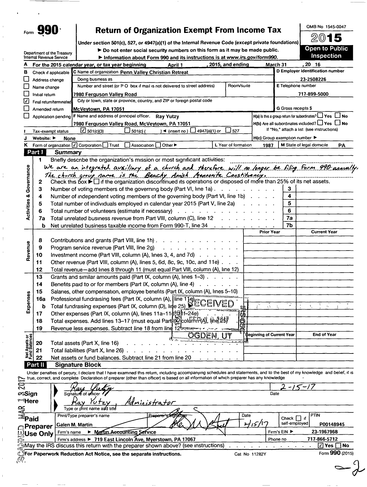 Image of first page of 2015 Form 990 for Penn Valley Christian Retreat