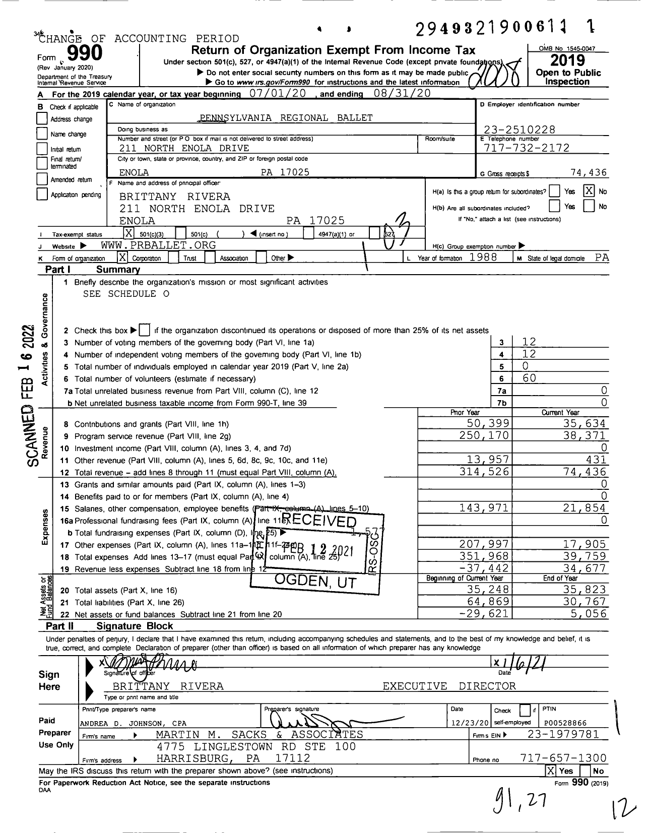 Image of first page of 2019 Form 990 for Pennsylvania Regional Ballet