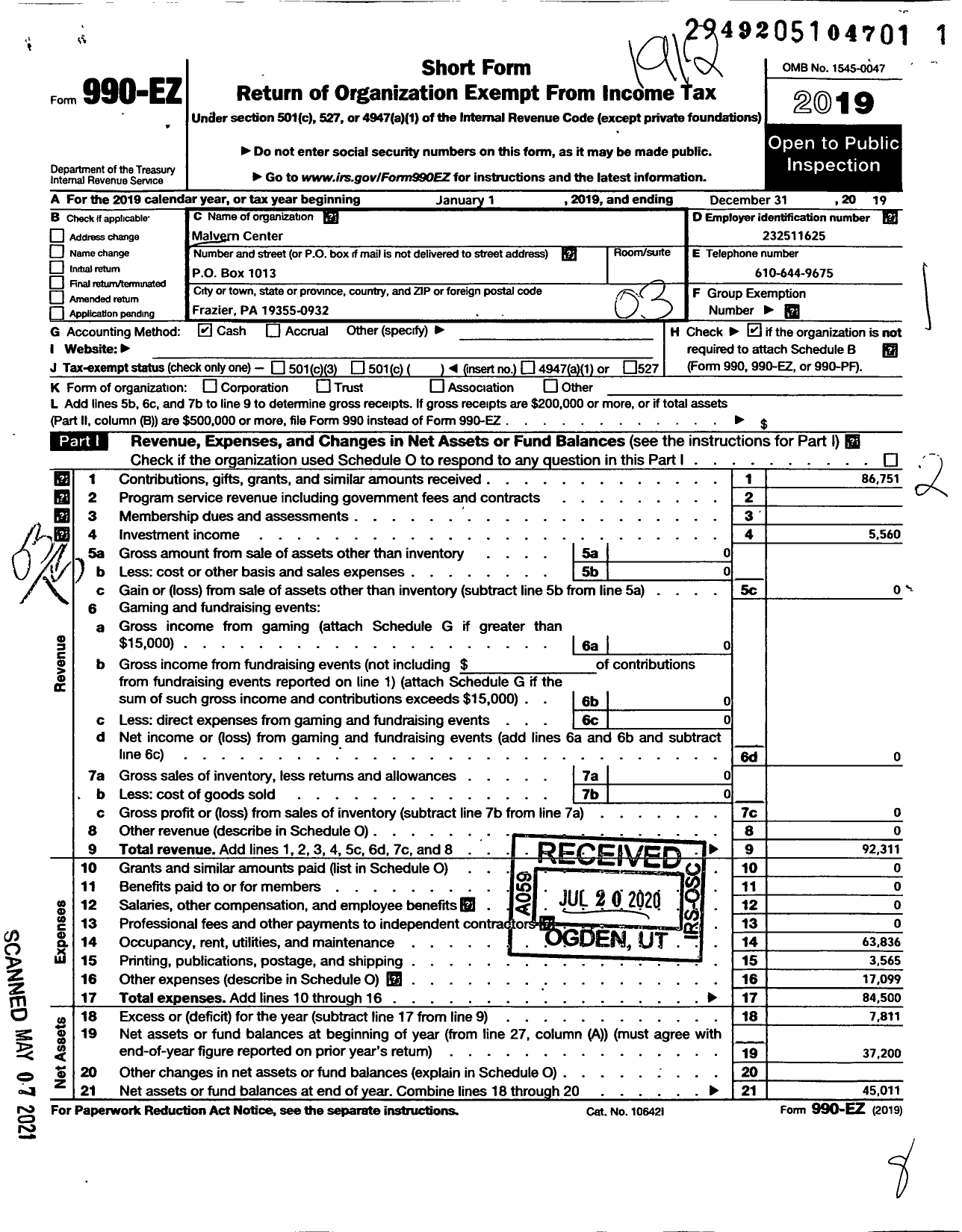 Image of first page of 2019 Form 990EZ for Malvern Center