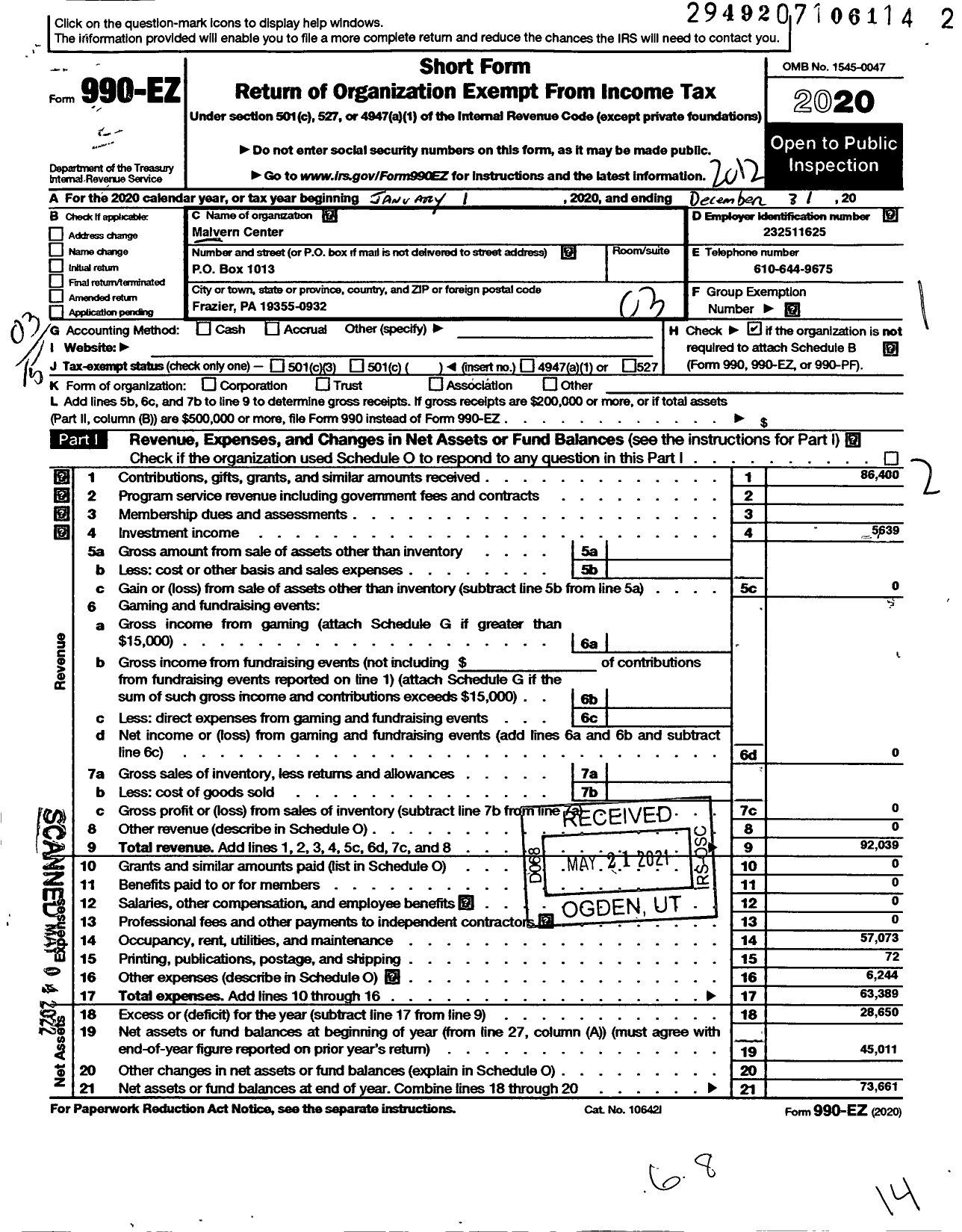 Image of first page of 2020 Form 990EZ for Malvern Center