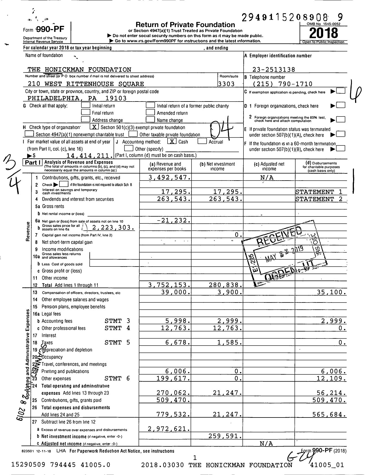 Image of first page of 2018 Form 990PF for Honickman Foundation