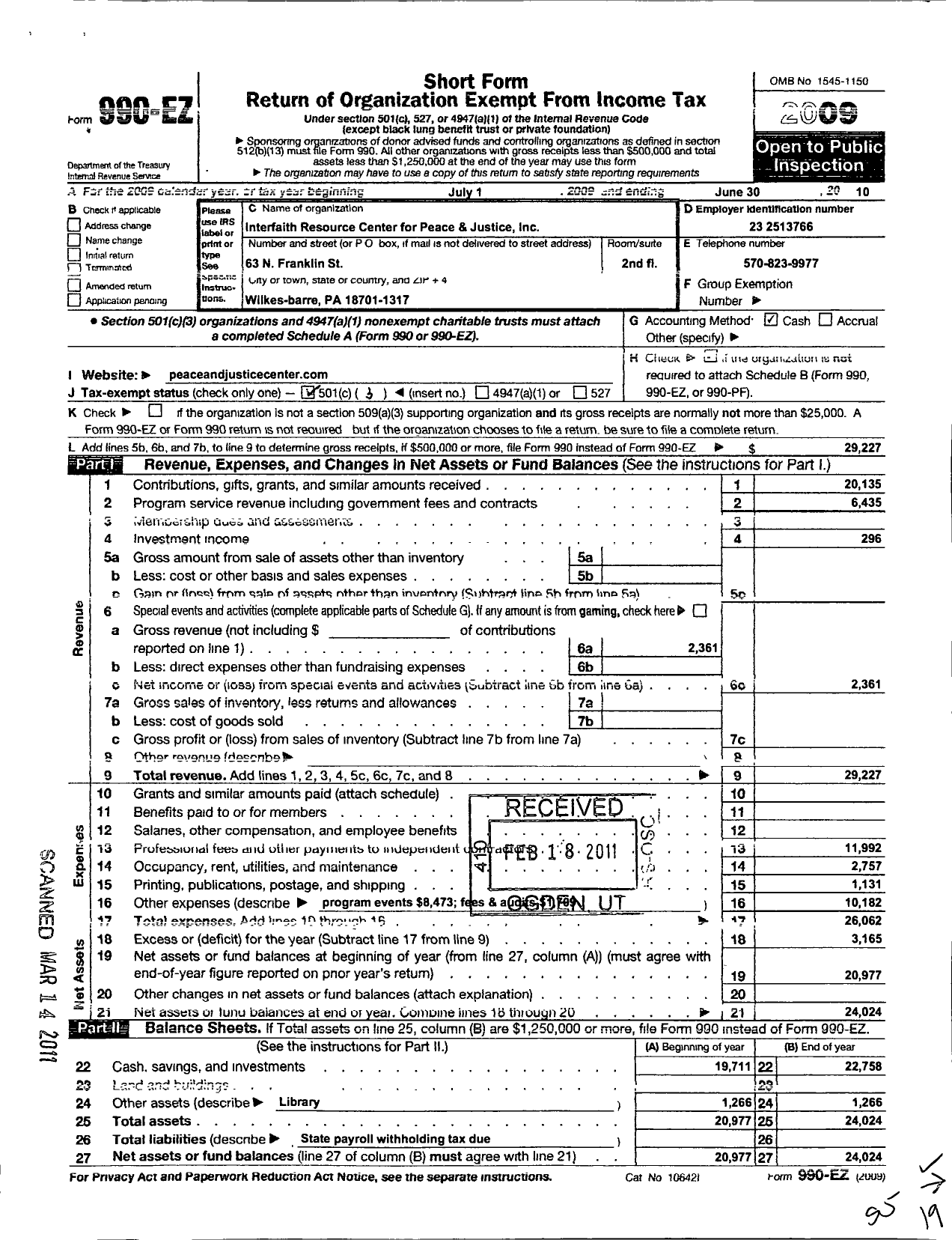 Image of first page of 2009 Form 990EZ for Interfaith Resource Center for Peace and Justice