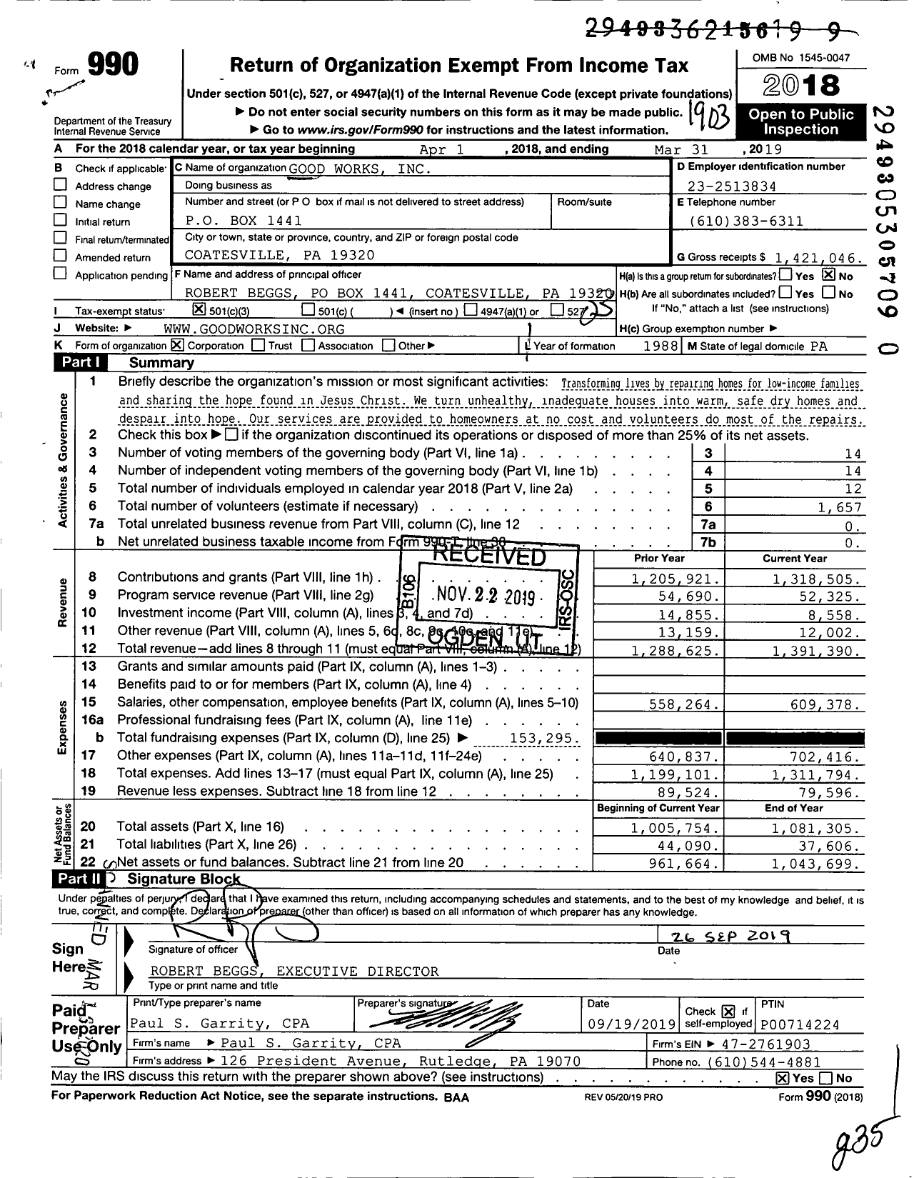 Image of first page of 2018 Form 990 for Good Works