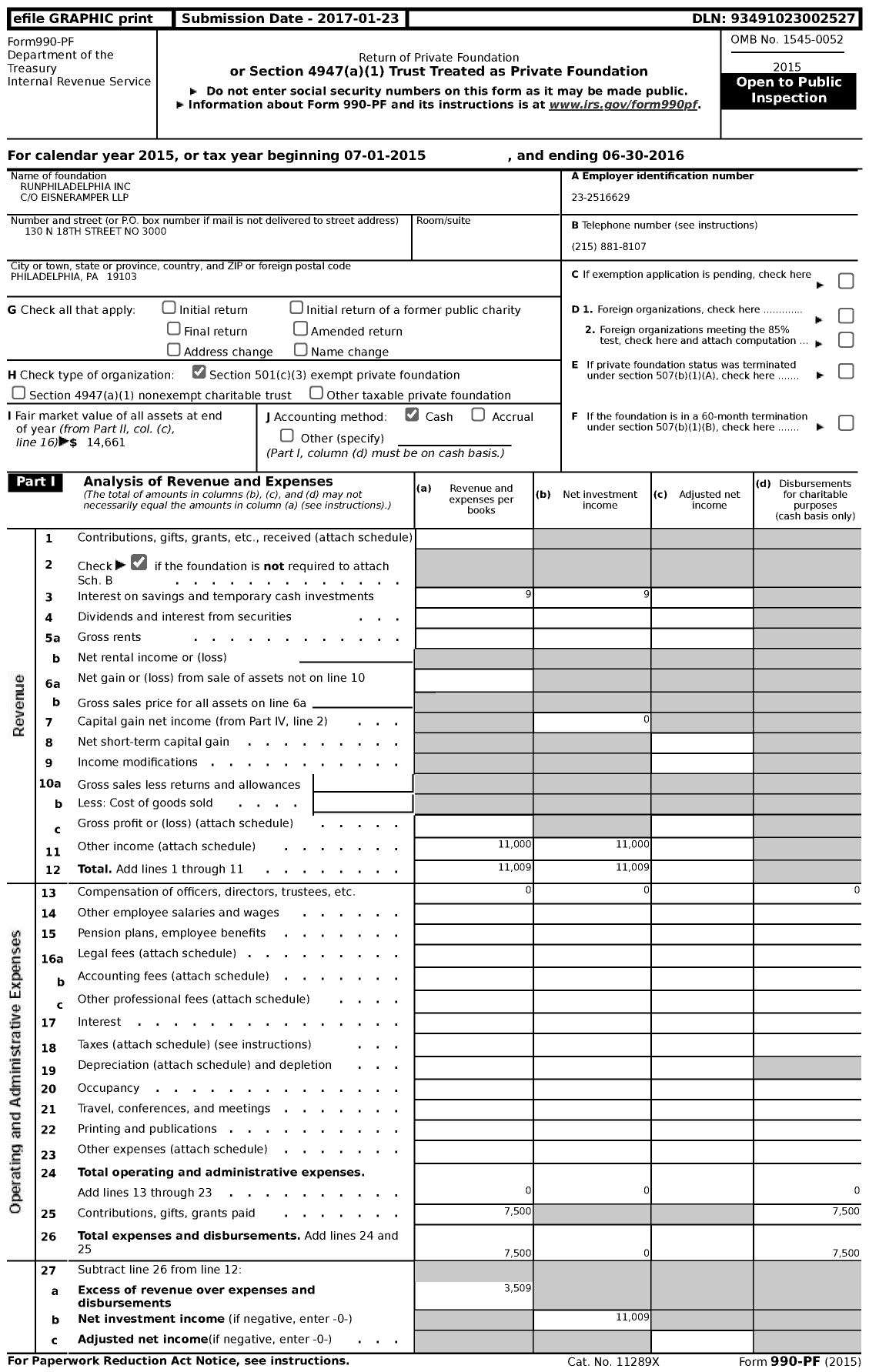 Image of first page of 2015 Form 990PF for Runphiladelphia